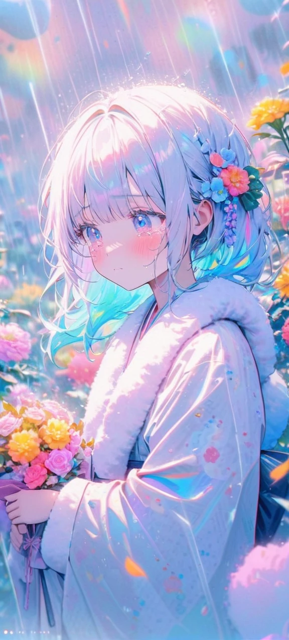 , change, Fluffy outfit ,
1 Girl, kimono, , Colorful glowing hair , sad crying girl, raining, flowers, ,
Kawaiitech, Soft colors, Kawaii, Lovely colors,