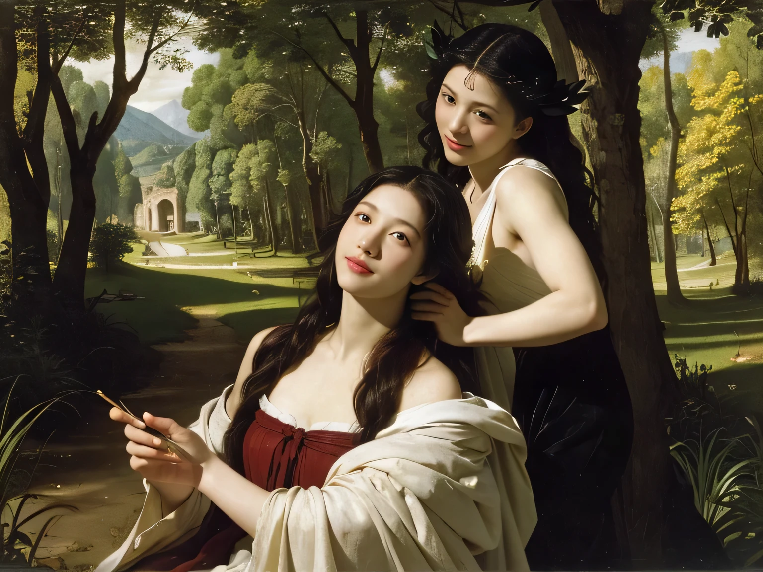 Giorgione painting style,Barbizon forest A beautiful woman in Greek dress smiles on the shore,Sweet and seductive appearance.、Caravaggio's paintings、Chiaroscuro of Caravaggio、hair tousled by the wind,Two women frolicking,cute smile, expression of ecstasy,Sexy,erotic, full body portrait