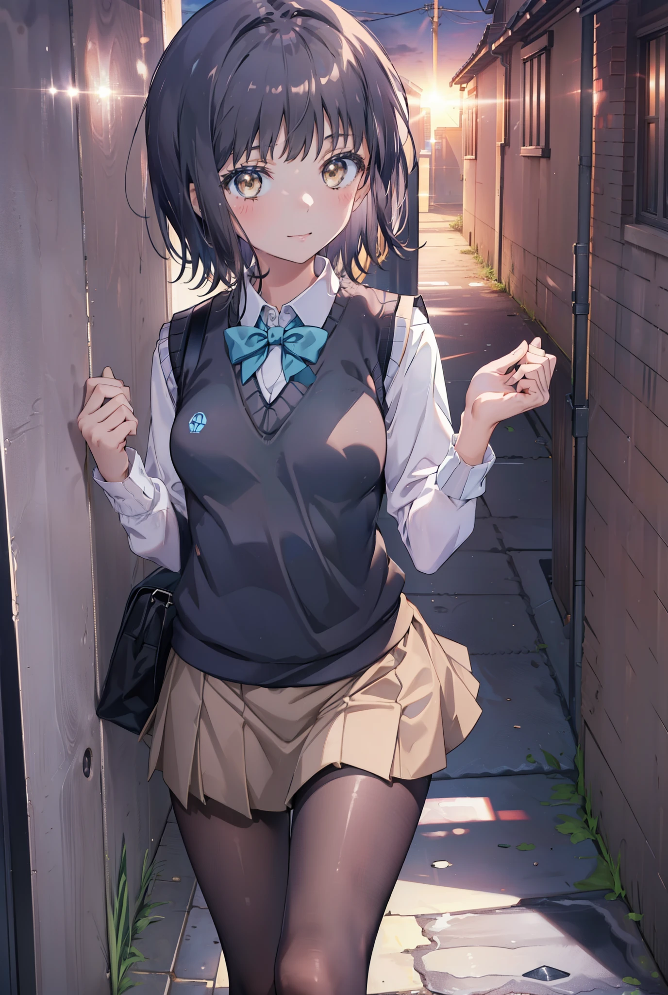 masterpiece, highest quality, Confused, Perfect Anatomy, 1 girl, alone, Itsuwa,short hair,Black Hair,Brown eyes,smile,blush,Open your mouth,Happy atmosphere,break skirt, shirt, bow, ribbon, , white shirt, Short sleeve, Pleated skirt, collared shirt, mini skirt, bowtie, 黒いloafers , Black Skirt, Black pantyhose, loafers, green bow, whole bodyがイラストに入るように, (blue sweater vest:1.5),evening,Sunset,The sun is setting,walking,break outdoors, Building district,
break looking at viewer, whole body,
break (masterpiece:1.2), highest quality, High resolution, unity 8k wallpaper, (figure:0.8), (Beautiful fine details:1.6), Highly detailed face, Perfect lighting, Highly detailed CG, (Perfect hands, Perfect Anatomy),