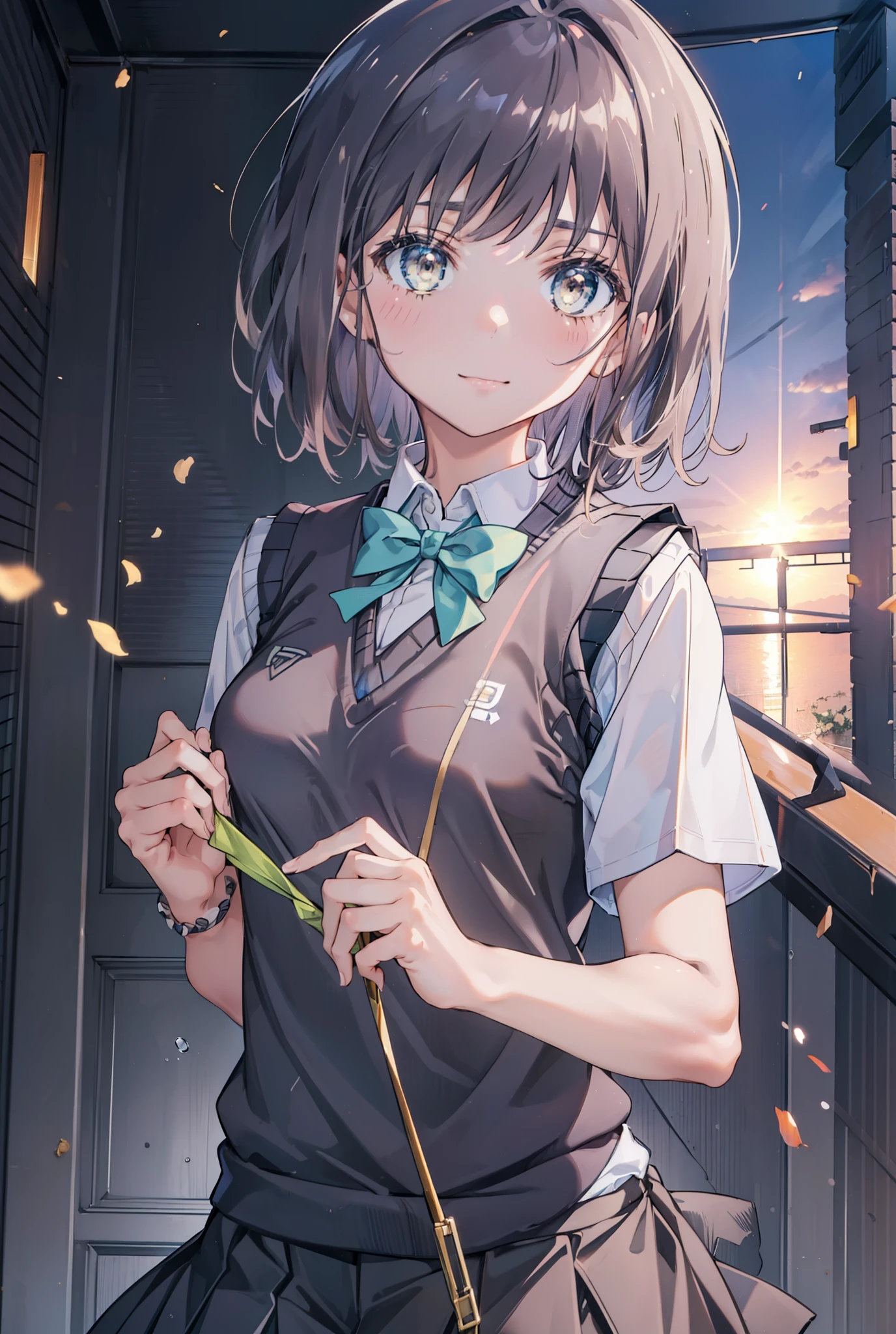 masterpiece, highest quality, Confused, Perfect Anatomy, 1 girl, alone, Itsuwa,short hair,Black Hair,Brown eyes,smile,blush,Open your mouth,Happy atmosphere,break skirt, shirt, bow, ribbon, , white shirt, Short sleeve, Pleated skirt, collared shirt, mini skirt, bowtie, 黒いloafers , Black Skirt, Black pantyhose, loafers, green bow, whole bodyがイラストに入るように, (blue sweater vest:1.5),evening,Sunset,The sun is setting,walking,break outdoors, Building district,
break looking at viewer, whole body,
break (masterpiece:1.2), highest quality, High resolution, unity 8k wallpaper, (figure:0.8), (Beautiful fine details:1.6), Highly detailed face, Perfect lighting, Highly detailed CG, (Perfect hands, Perfect Anatomy),