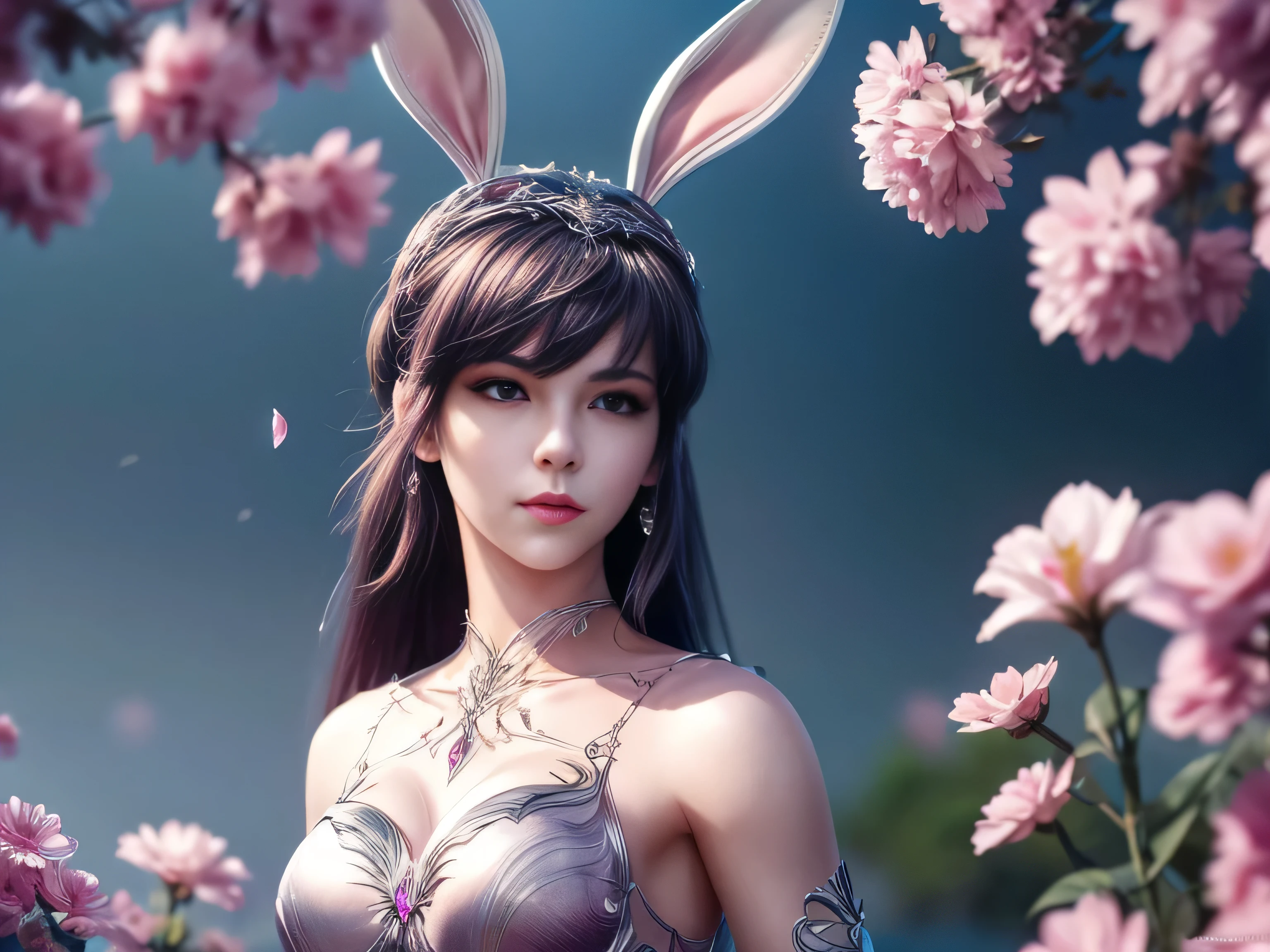 (Best Quality, 8K, Masterpiece, HDR, Soft Lighting, Picture Perfect, Realistic, Vivid), Bunny Girl (1.0), Bunny Girl with Pink Hair and Sexy Skimpy Clothes, pink bodysuit with glitter texture, Beautiful anime fantasy, Very beautiful and cute bunny girl, rain of pink flower petals, background blur, anime fantasy, work in Gouves style, realistic: 1.37, top view, lying in pink flowers, horizontal view, (Ultra High Quality Fantasy Art), Masterpiece, Female Model, Ultra High Quality Female Character Designs, Detailed 8k Anime Art, Realistic Anime Art, Highest Quality Wallpapers, Intricate Ultra High Quality Accurate Female Characters Faces, High Quality Designs and Accurate Physics (Fantasy- ultra-high quality art), dark fantasy style), masterpieces, super high quality characters, anime resolution - 8K, realistic anime art, wallpapers with the highest quality illustrations, ultra-high facial detail, high-quality design and accurate physics), color, depth of field, shadows, ray tracing, high quality workmanship. -high-quality wallpapers and 8K resolution, (Accurate simulation of the interaction of light and materials)], [High-quality hair detail [More about beautiful and shiny white hair]], (Beautifully detailed hands [perfect fingers [Perfect nails]]]]]], (perfect anatomy (perfect proportions)))) [[Full-length]], [Perfect combination of colors (Accurate imitation of the interaction of light and material)], [art that conveys the meaning of history]