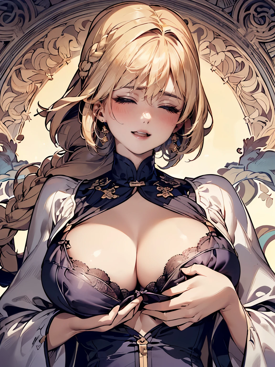 (high definition symmetrical image), aerial angle, (mechanical, complex body), ((huge god's weapon has female face's outline embedded, Art Nouveau, round face, smiling, small breast pinching and pulling breasts top from over bra)), drooping eyes, blush, blond, braid,