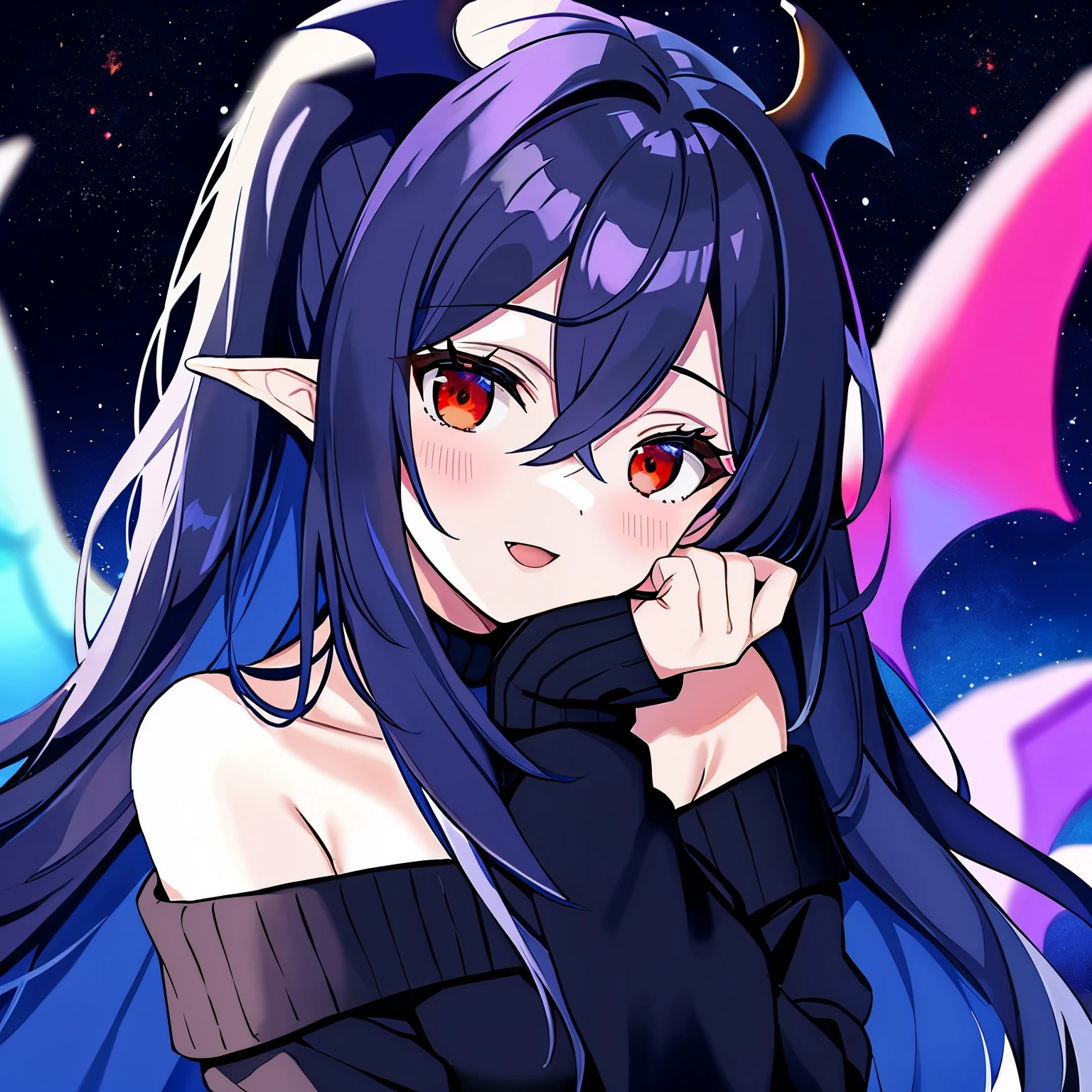 1girl, off-shoulder black sweater, Masterpiece, high resolution, anime style beautiful girl, cobalt blue hair, vampire, wings, red eyes, nighttime, blue moon, galaxy background, vampire
