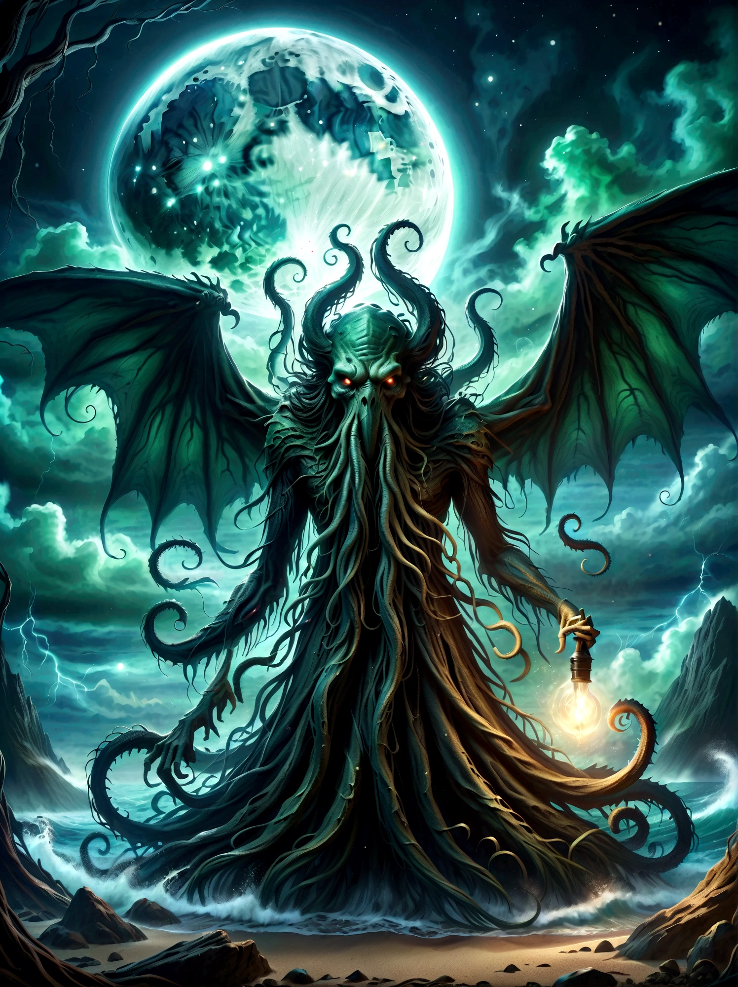 Create an image illustrating a fearsome interpretation of the ancient deity Cthulhu, as envisioned in Lovecraftian horror literature. Focus should be on establishing deep shadows and eerie lighting effects, with ominous facial features. Utilize a blend of dark and vibrant colors to evoke a sense of cosmic horror, simulating the effect of a digital painting made using professional equipment like a wacom cintiq pro.