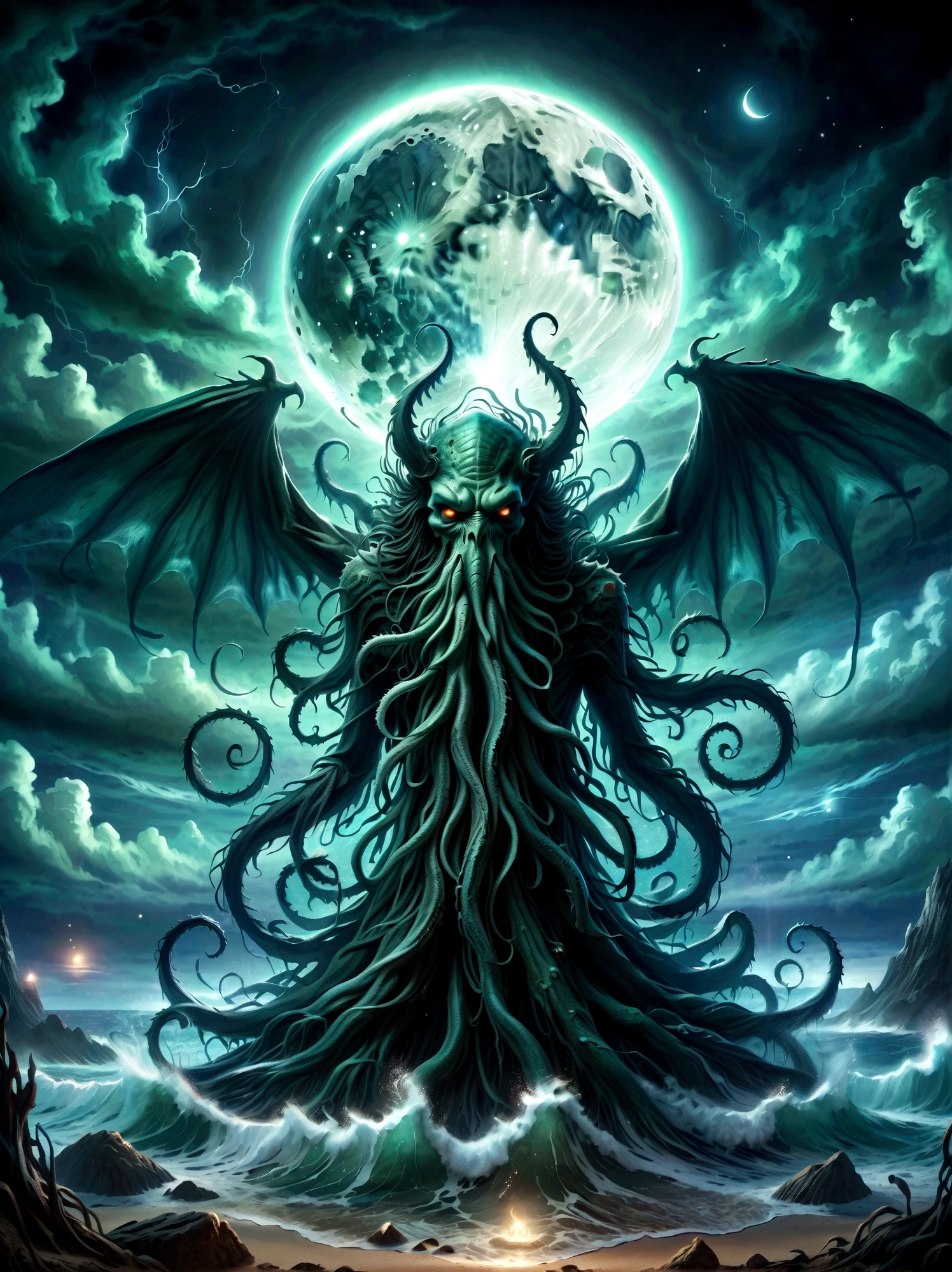 Create an image illustrating a fearsome interpretation of the ancient deity Cthulhu, as envisioned in Lovecraftian horror literature. Focus should be on establishing deep shadows and eerie lighting effects, with ominous facial features. Utilize a blend of dark and vibrant colors to evoke a sense of cosmic horror, simulating the effect of a digital painting made using professional equipment like a wacom cintiq pro.