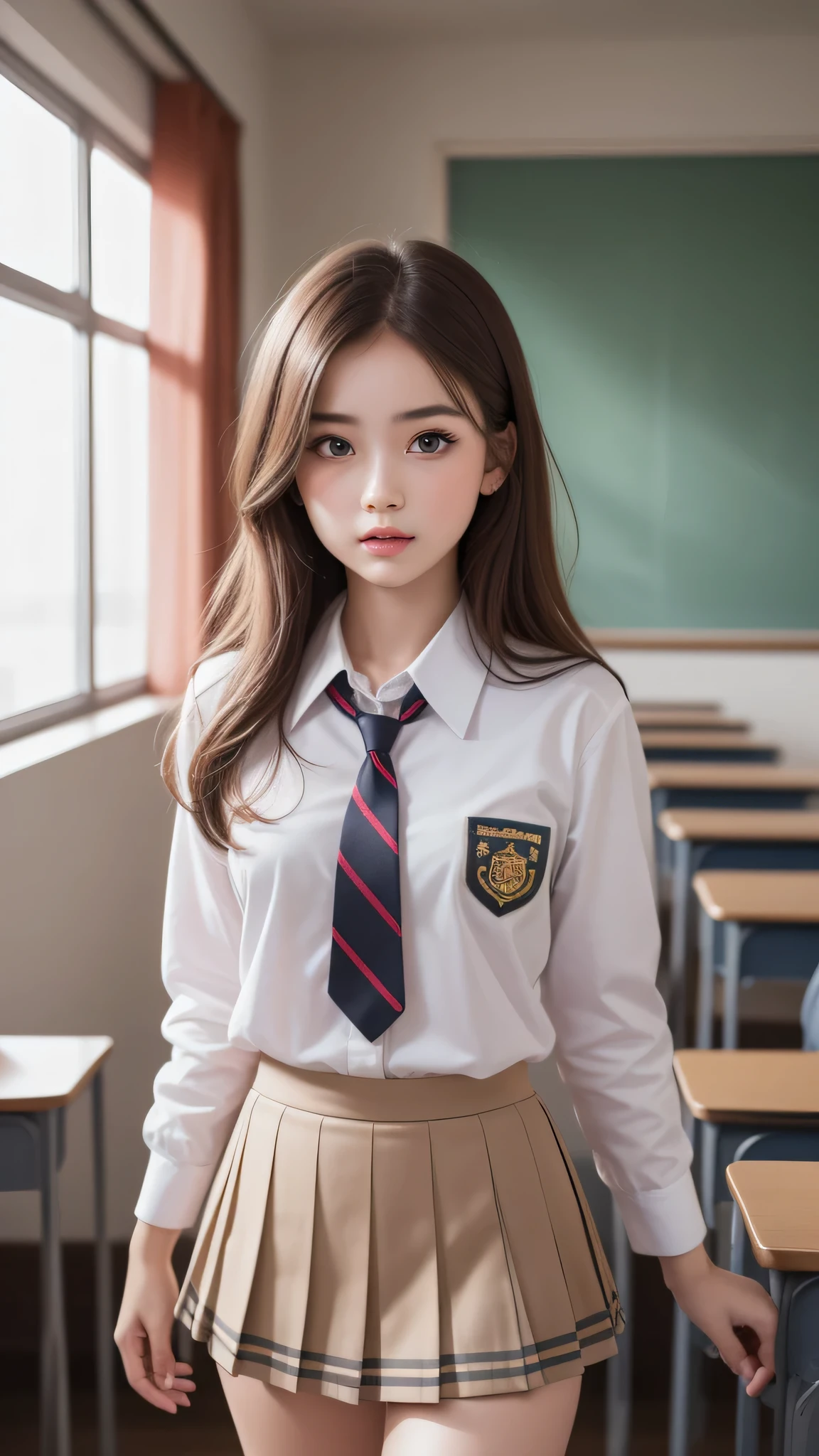 (2 young girls), (extremely detailed beautiful face), Amazing face and eyes, (Best Quality:1.4), (Ultra-detailed), (extremely detailed CG unified 8k wallpaper), Highly detailed, High-definition raw color photos, Professional Photography, Realistic portrait, Amazing face and eyes, Pink eyes, (High School Uniform, Pleated mini-skirt:1.3), Twin-tailed, Brown hair, Model, (((Bokeh))), depth of fields, School, classroom, Sitting, View from below,