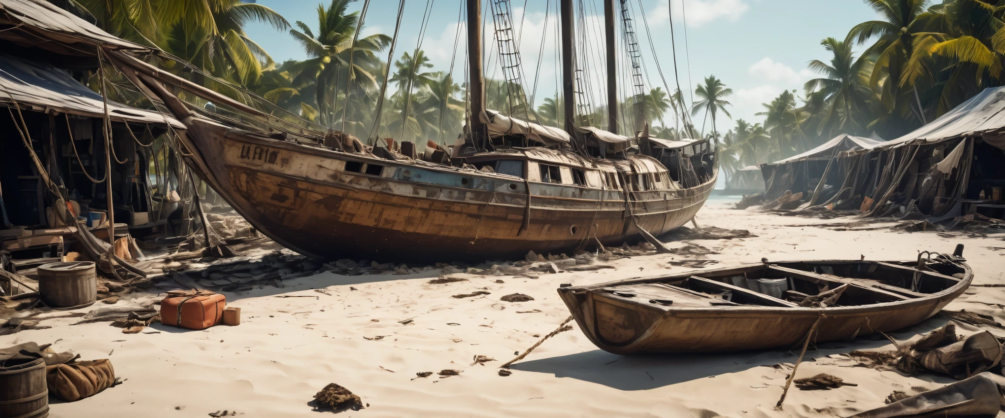 cinematic view of huge beached sailboat, broken grounded sailboat used as camp, (intricate debris all around:1.4), awnings, rum bottles hanging, dirty laundry to dry, on top of (paradise island:1.3), scrapbuiltai, madmax style, postapocalyptic, ,sunny day, space opera,, shallow depth of field, vignette, highly detailed, high budget, bokeh, cinemascope, moody, epic, gorgeous, grainy, , 8k uhd, dslr, soft lighting, high quality, (film_grain:1.2), cinematic style, Leica M4, 50mm f/1.4 lens, f/2.8, ISO 400, 1/125 sec,