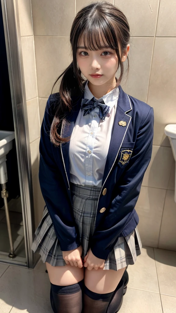 masterpiece, best quality, illustration, Super detailed, fine details, High resolution, 8K,wall paper, perfect dynamic composition,(Details High quality, realistic depiction of eyes:1.3), kneeling, Men's restroom at school, Toilet urinals lined up、High school girl uniform、blazer 、Super Short Check Uniform Skirt、Navy blue high socks、garterbelts、 large breasts, expresses the roundness and softness of your chest, Don't expose it、Disturbed uniform, ponytail, black hair color, Big Natural Color Lip, perfect body shape, crying a little、cold gaze, Harajuku style、20 year old girl、cute type, beautiful legs, Gravure Idol