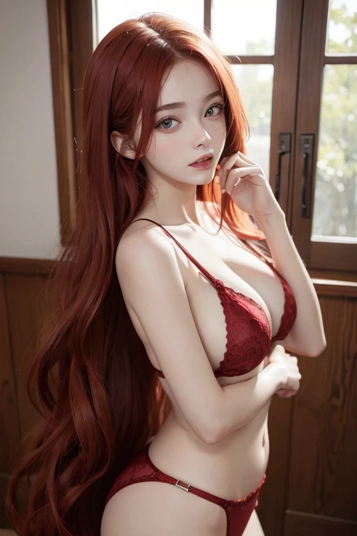 Beautiful girl with long red hair,undressing,And there's a cock around.,having sex,There is hair on the pussy.,sitting with legs crossed on the sofa