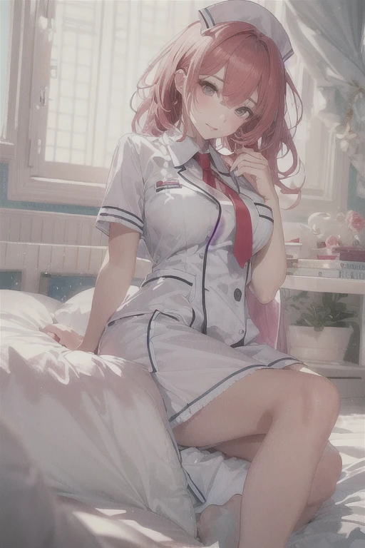 1 girl, Redhead, Facial hair, Red eyes, sexy、erotic、High Contrast、cute、highest quality, Very detailed, The most delicate and beautiful, High resolution, (highest quality,4K,8k,masterpiece:1.2)、Thighs、barefoot、Nurse uniform、Masturbation、Pink clothes、Bedroom、bed