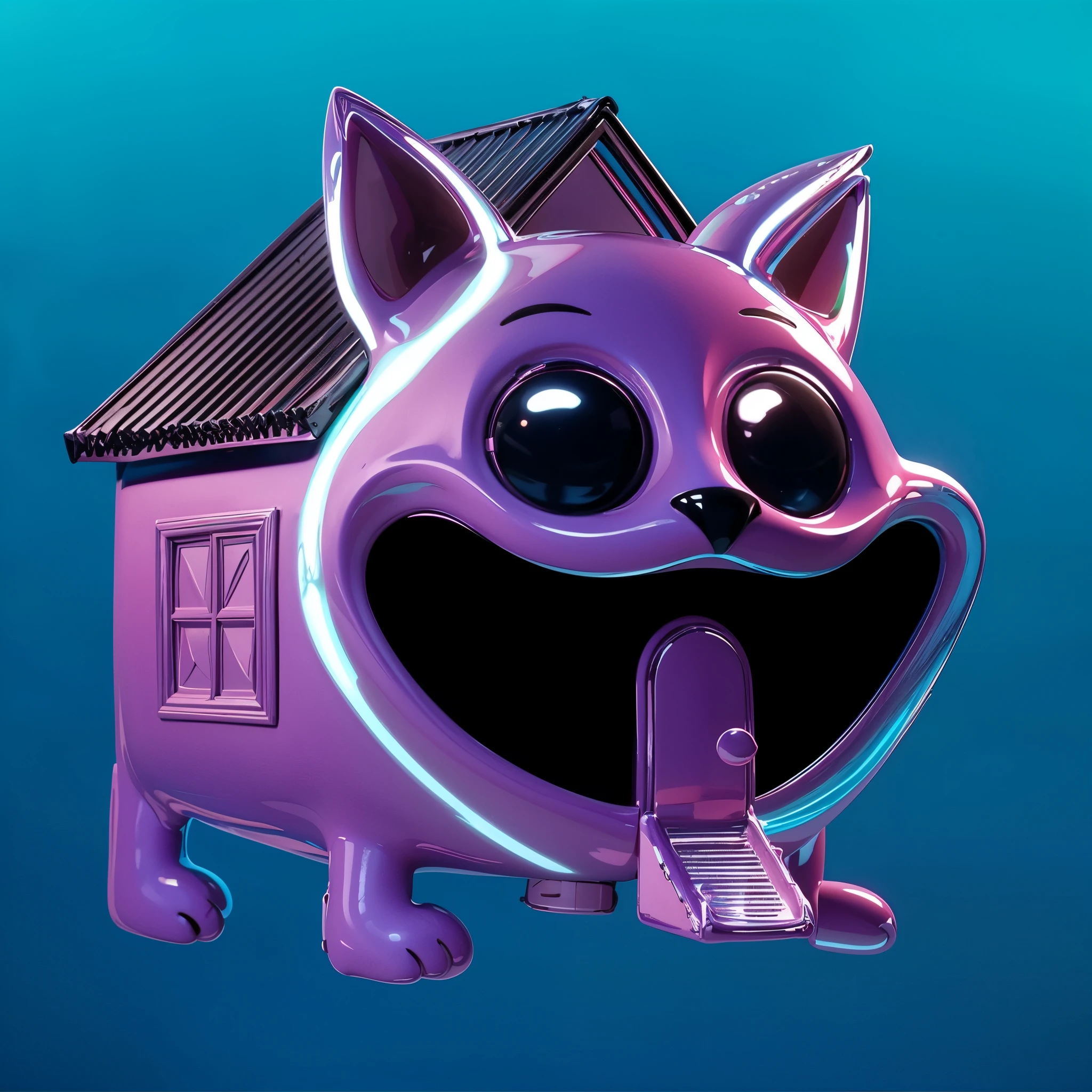 A whimsical and playful house in the shape of a cat. The house is bright purple with a shiny texture. The cat's head forms the main structure of the house, with large, expressive eyes and a wide-open mouth that serves as the entrance. The roof is shaped like cat ears, and the house has small cat legs as its base. The windows resemble cat eyes, adding to the overall feline appearance. The background is a gradient of blue, creating a fun and surreal atmosphere. cartoon key frame rendering, cute 3D rendering, Shiny metallic, Create ultra sharp цветной рендеринг zbrush. perfect cgi, cgi art created only with gradients, smooth silhouette, Create ultra sharp skin, high intensity refraction, (plastic material), most beautiful vfx, blue background, plastic refractions, glossy texture, smooth 3d model, multiple light sources, rim light, sharp post effects render, (glossy plastic texture with multiple big light probe refractions), perfect cgi, cgi art created only with gradients, smooth silhouette, high intensity refraction, (plastic material), most beautiful vfx, blue background, plastic refractions