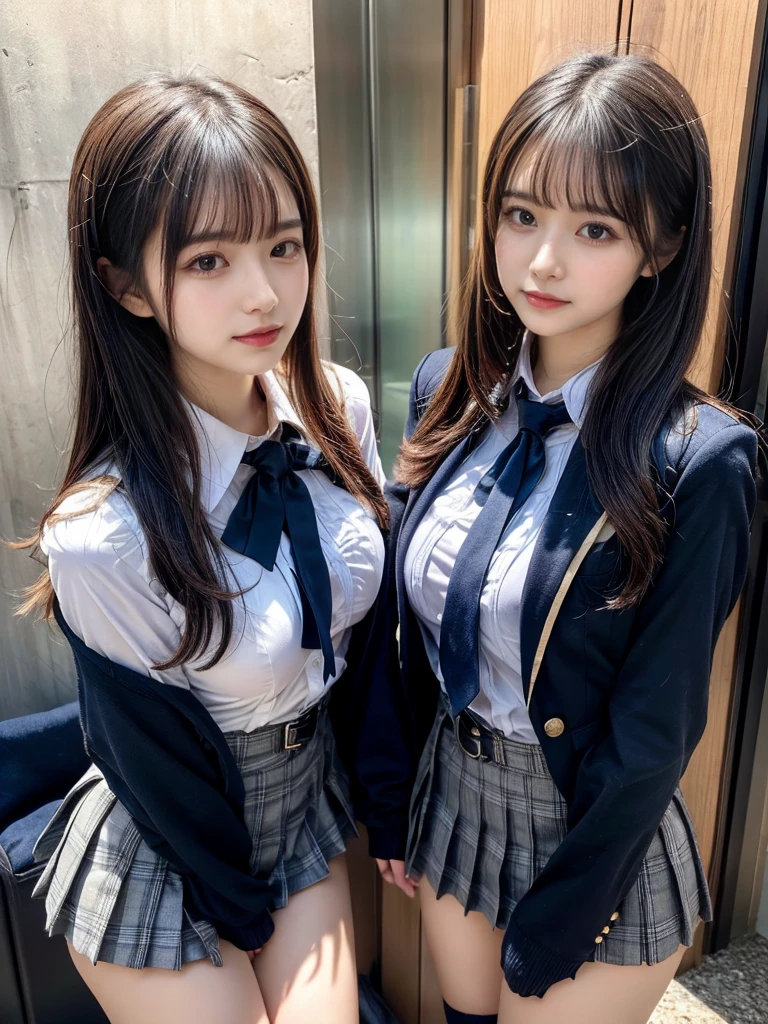 (8K, Raw photography, top-quality, masterpiece:1.2), master piece, best quality, illustration, Super detailed, fine details, High resolution, 8K,wall paper, perfect dynamic composition,(Details High quality, realistic depiction of eyes:1.3), ((2 girls, 2 schoolgirls)), The background is a luxury hotel room、High school girl uniform、blazer 、Super Short Check Uniform Skirt、Navy blue high socks、garterbelts、Colossal tits、Disturbed uniform, Play with each other,Touching each other's bodies,Touching the body of the girl next door, short bob hair, black hair color, huge breasts, Big Natural Color Lip, bold sexy pose, (perfect body shape), crying a little、Beautiful makeup,glitter makeup,Cutest 18 years old, beautiful legs, hposing Gravure Idol, Voluptuous thighs