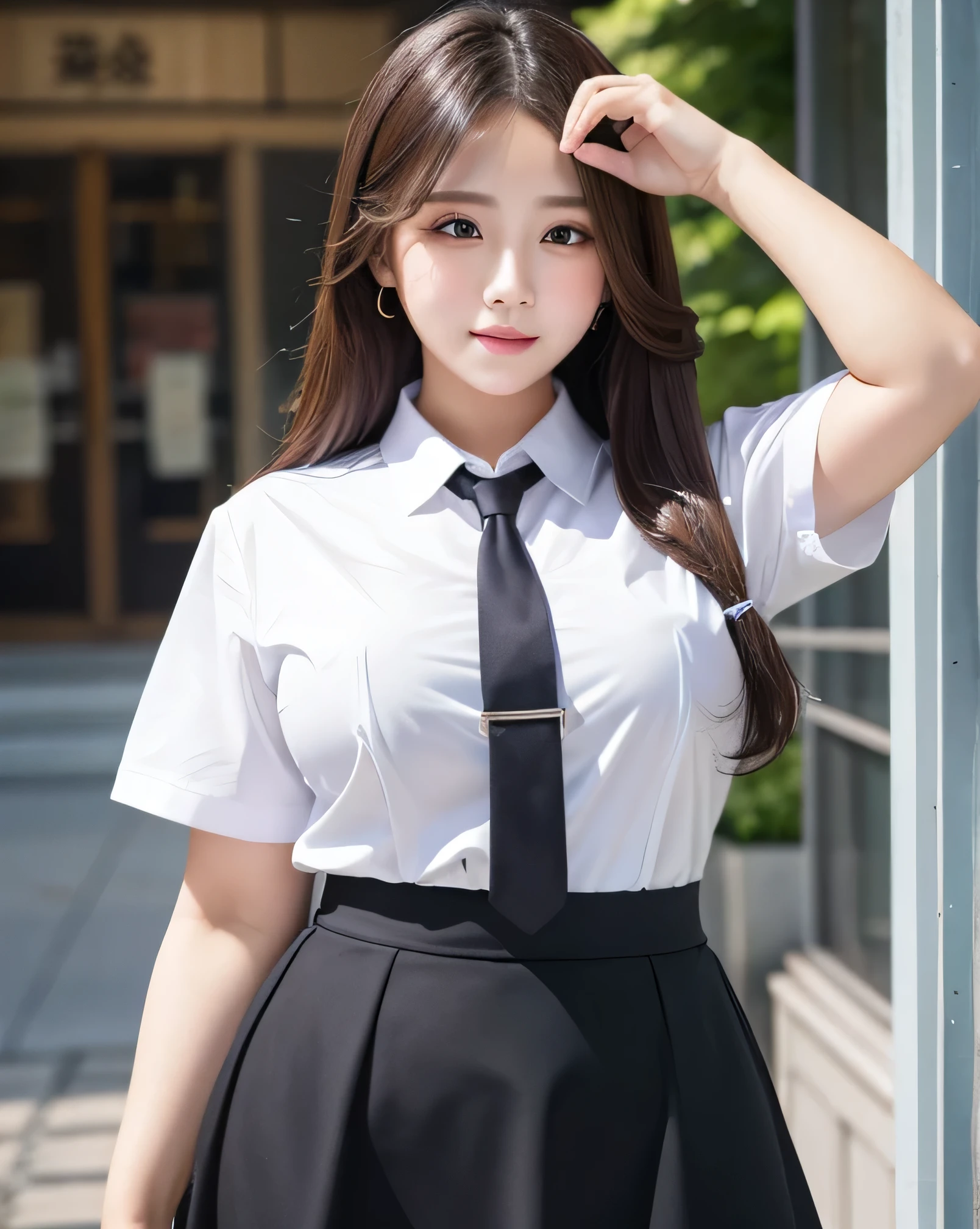 ((8K)), highest quality, 超High resolution,1 female, Overweight, extremely fat, Chubby, school, collared shirts, white shirts, short sleeve, tie, short skirt