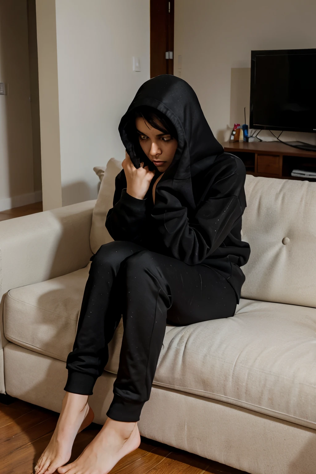 Interior - Apartment - late night - dark scene - dirty apartment: A 30-year-old athletic woman with black hair, white skin, tall and slim, clear skin, beautiful, in black long hoodie and black long pants, always appears exhausted due to lack of sleep, is sitting on a couch with her face buried in her hands. Unpaid bills are scattered on the table in front of her. She gazes at an old family photograph, tears welling up in her eyes.