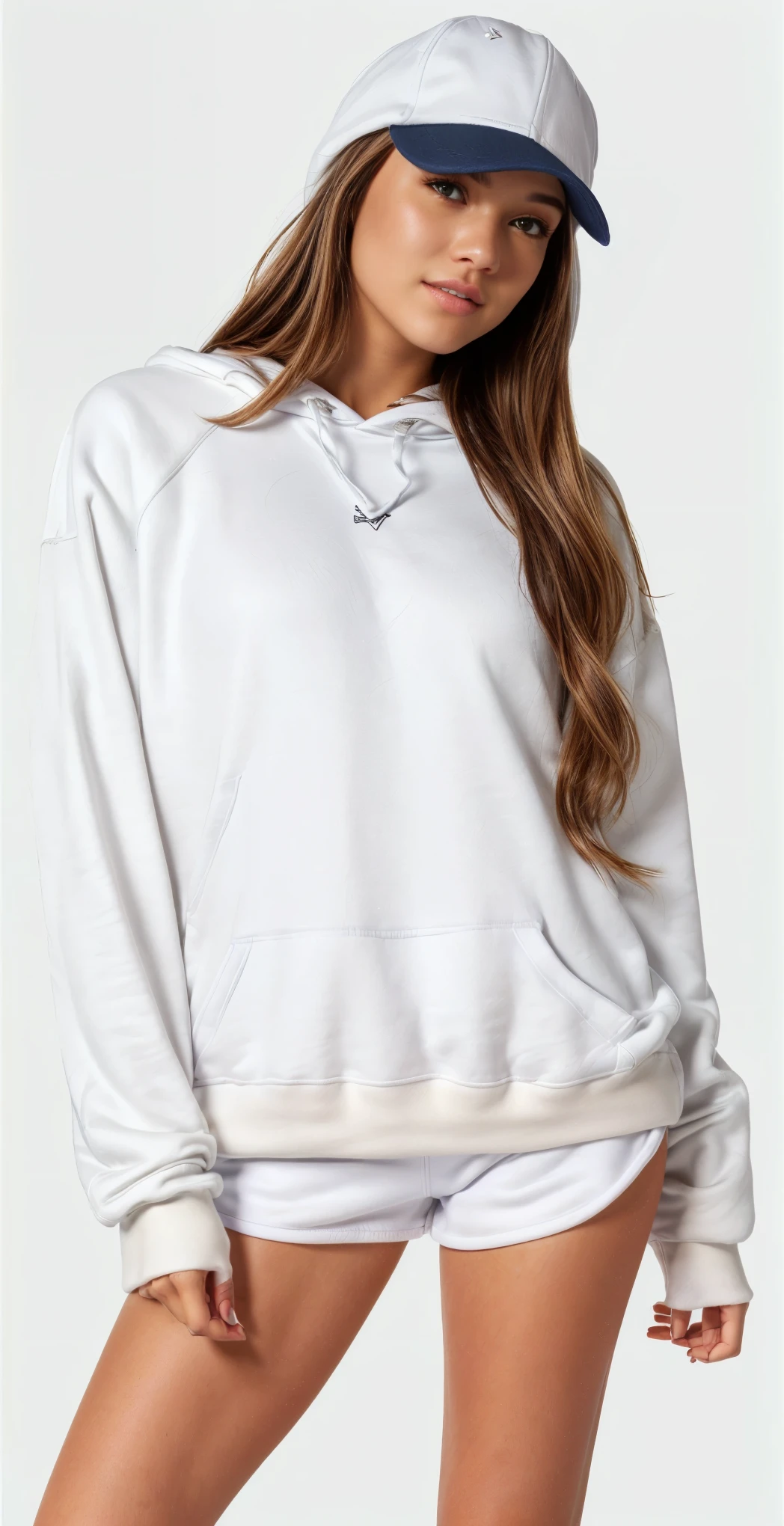 a woman wearing a white sweatshirt and shorts with a baseball cap, light cinza, vestindo moletom, cinza, cinza sweater, roupa branca casual, designed for a cozy aesthetic!, Roupa casual, White Sweater, white and cinza, terno branco liso e justo, fechar detalhes, wearing a cinza hooded sweatshirt, mangas compridas, Moletom cinza, cinza clothes, cheio de detalhes