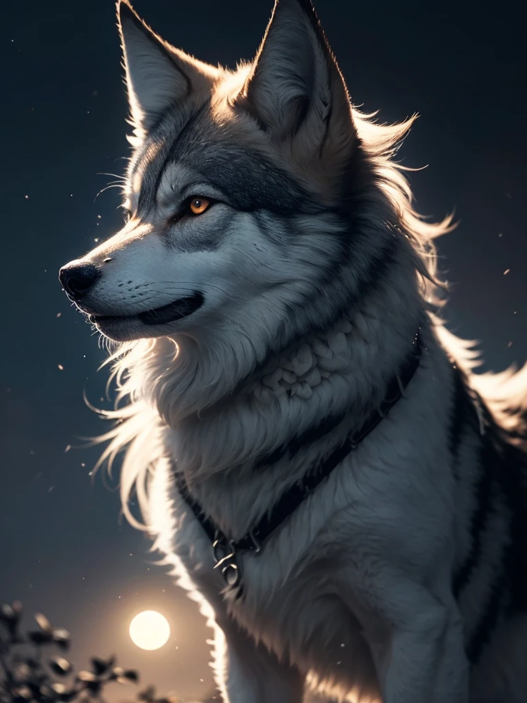 Big full moon、Cool Wolf、I get excited about the full moon、The blank focus of eyes、portrait、original、Supernatural、Another world、Ultra Detail、bright fur、Big full moon、Magic Lighting、trajectory、 Light dust、beautiful、Cinematic lighting、 Bokeh effect