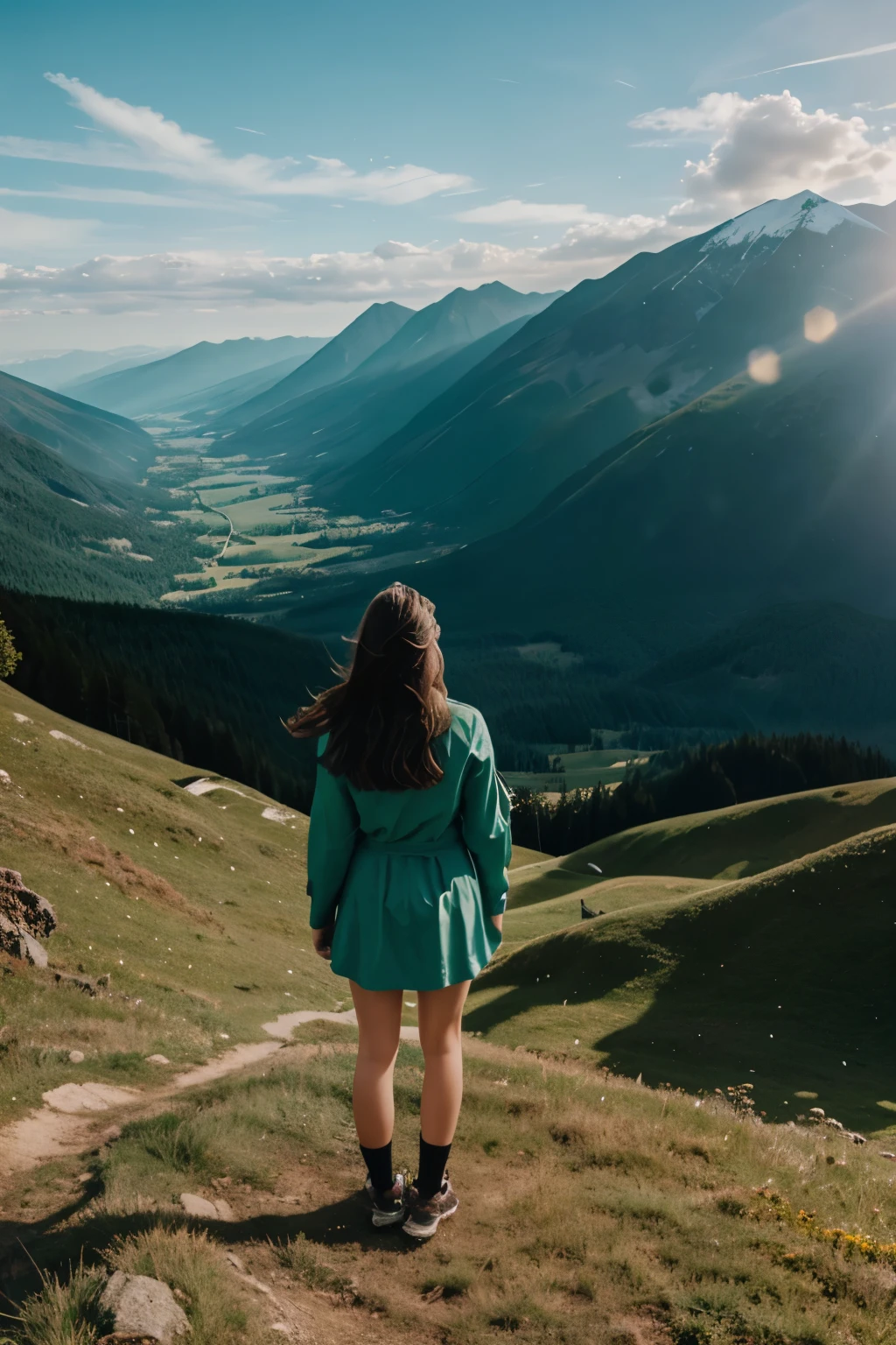 Realistic image of a girl standing on a green mountain 