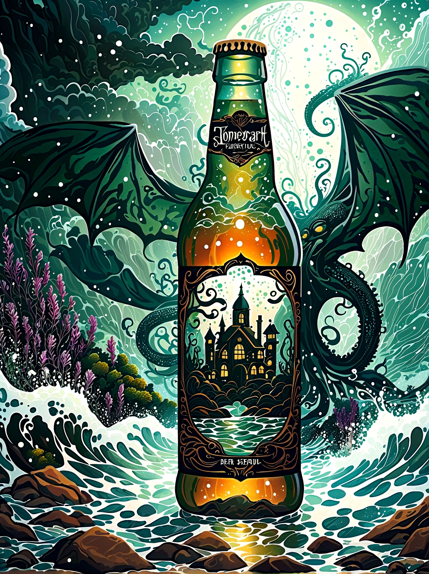 Visualize this: a dimly lighted ancient, colossal creature, reminiscent of Lovecraft's creature with tentacles and wings - descending ominously through misty waters. In the foreground, a crafted beer displaying intricate details on the bottle, the frothy ale almost spilling out of its brim, with the eerie backdrop subtly reflecting on the glass surface. The atmosphere is thick with an undercurrent of subtle horror seductively luring you into this scenario borrowed from Lovecraft's eerie world but reimagined with modern elements, 1pzsj1