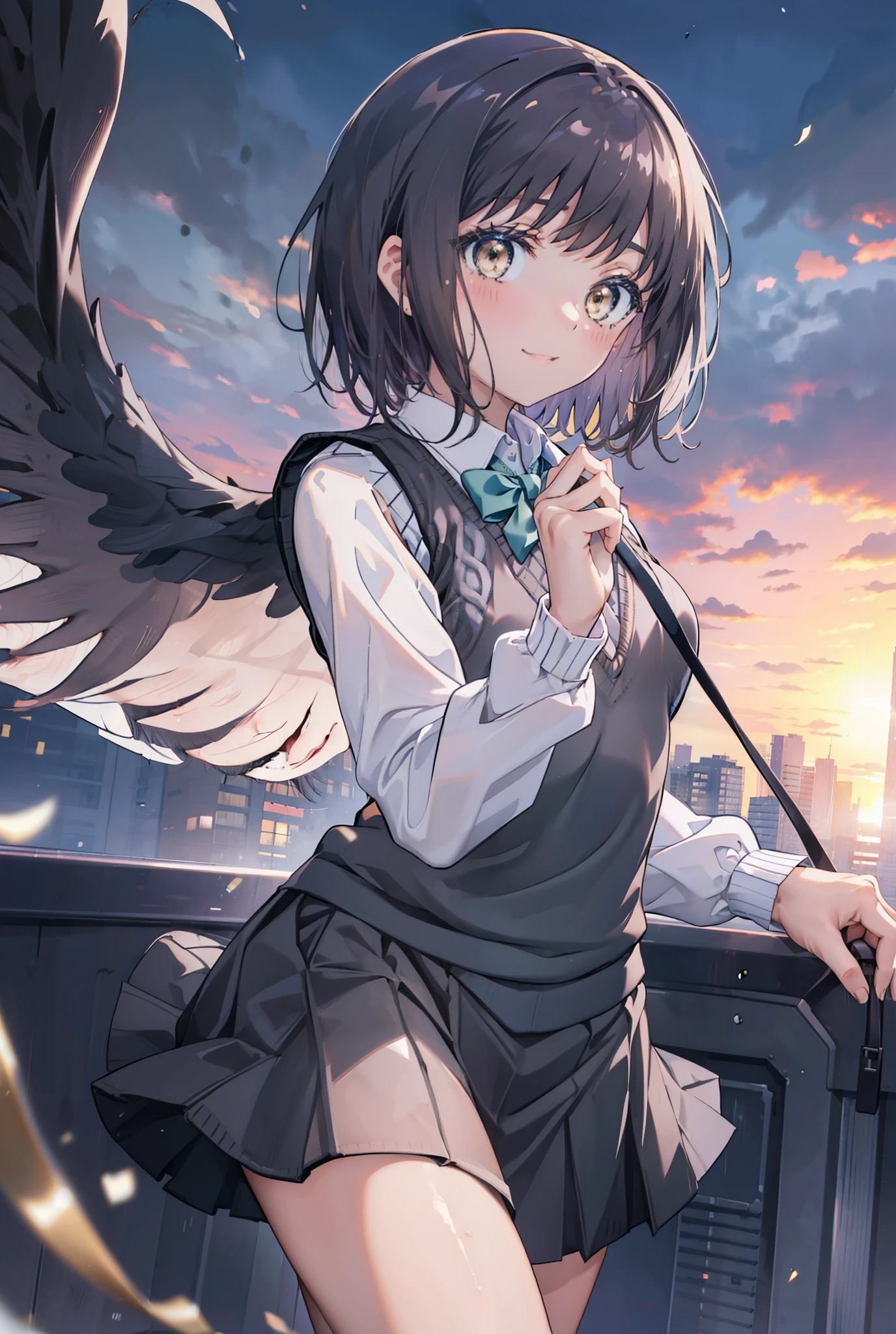 masterpiece, highest quality, Confused, Perfect Anatomy, 1 girl, alone, Itsuwa,short hair,Black Hair,Brown eyes,smile,blush,Open your mouth,Happy atmosphere,break skirt, shirt, bow, ribbon, , white shirt, Short sleeve, Pleated skirt, collared shirt, mini skirt, bowtie, 黒いloafers , Black Skirt, Black pantyhose, loafers, green bow, whole bodyがイラストに入るように, (blue sweater vest:1.5),evening,Sunset,The sun is setting,walking,break outdoors, Building district,
break looking at viewer, whole body,
break (masterpiece:1.2), highest quality, High resolution, unity 8k wallpaper, (figure:0.8), (Beautiful fine details:1.6), Highly detailed face, Perfect lighting, Highly detailed CG, (Perfect hands, Perfect Anatomy),