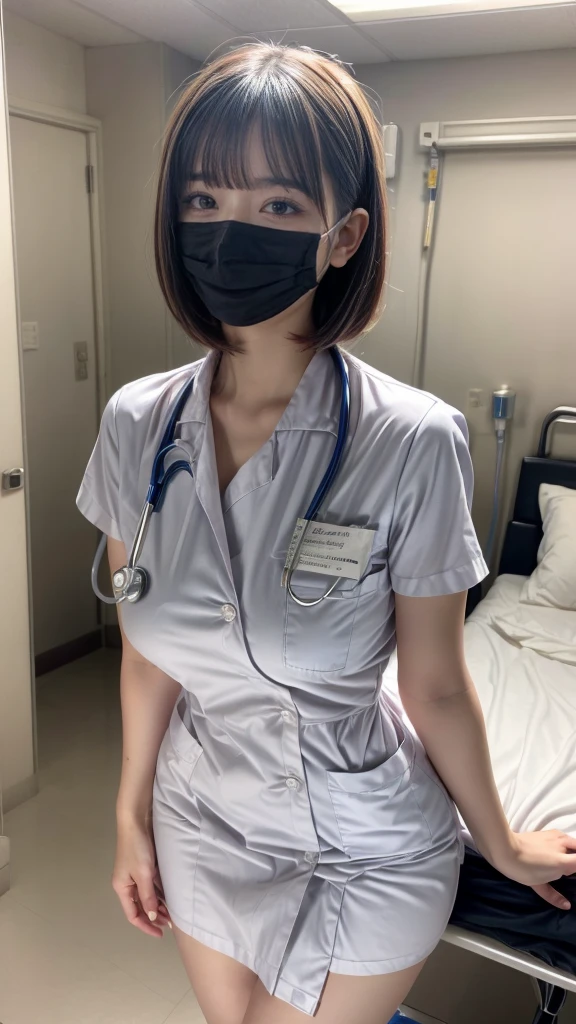 1 girl,(Wearing white nurse clothes:1.2),(RAW photo, highest quality), (realistic, photo-realistic:1.4), masterpiece, very delicate and beautiful, very detailed, 2k wallpaper, wonderful, finely, very detailed CG unity 8k wallpaper, Super detailed, High resolution, soft light, beautiful detailed girl, very detailed eyes and face, beautifully detailed nose, finely beautiful eyes, nurse, perfect anatomy, black hair, up style, nurse uniform, ((mask)), long skirt, nurse, white costume, perfect body shape, hospital, clear, white uniform, expresses the roundness and softness of your chest,hospital room, auscultation of the neck,bob cut