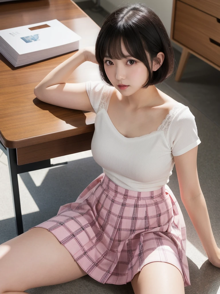 (8k, Photorealistic, Raw photo, Highest quality: 1.4),Japanese idol-style beautiful girl,1 person,,Hairstyle(Short Bob,Black :1.4),She has her hair tucked behind her ears,Large, clear grey eyes,Long eyelashes,Plump Cheeks,Thin and delicate shoulders,thin abdomen,(Pleated skirt(Plaid)Wear),(A plain white short-sleeved blouse worn unbuttoned over a skirt(The hem is left out)),(The chest is wide open and the collarbone and bra are exposed.(Pink)I can see),Blackの靴下を履いている,School classroom,(Sit on a desk(Spread your legs wide :1.4)),(Place your hands on your crotch),(Angle from below the front),Full body portrait