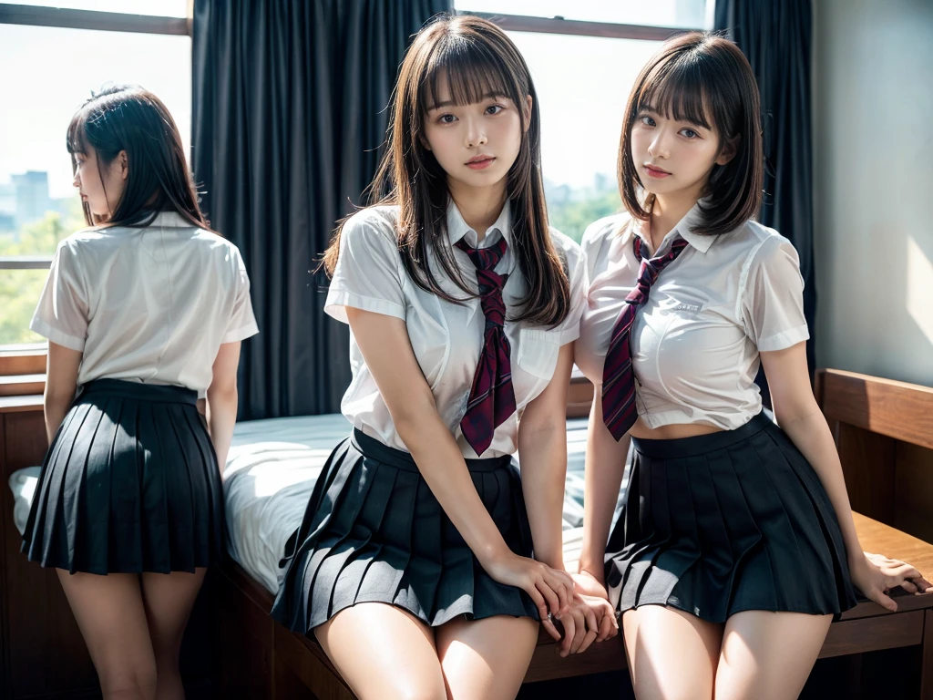 (RAW photo, 4k, masterpiece, high resolution, extremely complex) (realistic: 1.4), cinematic lighting
 ((2 girls, 2 schoolgirls)),Slam Dunk's,blushing,((innocent)),bright eyes,round eyes,blunt bangs,short bob hair, black hair color,black hair,Large swollen breasts,wide hips,Summer Noon, ,Hot, (Best Quality), (Highres), (an Extremely Delicate and Beautiful),(Beautiful 8k face),(Brown eyes),( spectators),(saggy breasts),(Play with each other,Touching each other's bodies,Touching the body),(Japanese high school uniform:1.3),blue skirt,(reality),bright lighting,(The background is a luxury hotel room)