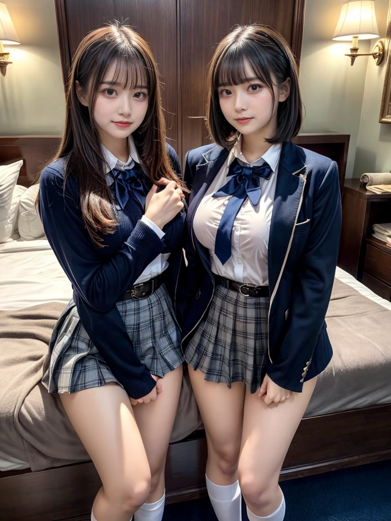 (8K, Raw photography, top-quality, masterpiece:1.2), master piece, best quality, illustration, Super detailed, fine details, High resolution, 8K,wall paper, perfect dynamic composition,(Details High quality, realistic depiction of eyes:1.3), ((2 girls, 2 schoolgirls)), The background is a luxury hotel room、High school girl uniform、blazer 、Super Short Check Uniform Skirt、Navy blue high socks、garterbelts、Colossal tits、Disturbed uniform, Play with each other,Touching each other's bodies,Touching the body of the girl next door, short bob hair, black hair color, huge breasts, Big Natural Color Lip, bold sexy pose, (perfect body shape), crying a little、Beautiful makeup,glitter makeup,Cutest 18 years old, beautiful legs, hposing Gravure Idol, Voluptuous thighs