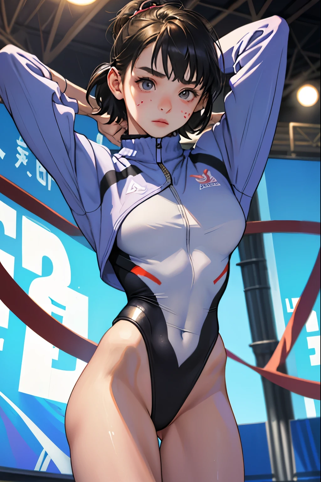 Realistic,.Wearing a leotard,Gymnast,Gymnastics arena,笑face,face,Skin realism, Y-shaped balance