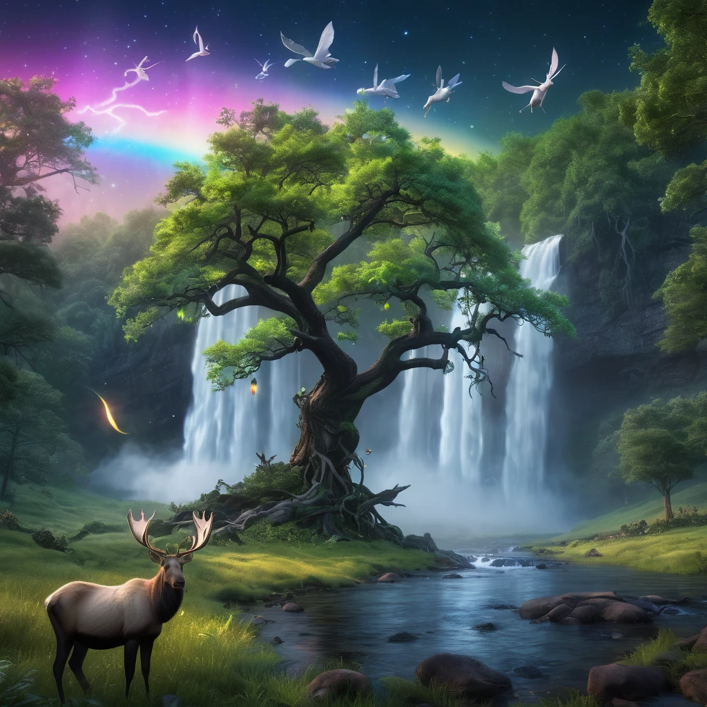 masterpiece, best quality, high quality, cg, 8k, scenery, night, sky, clouds, no man ,lush forest, beautiful waterfall, rainbow, fantasy image, firefly, moonlight, aurora, tree, black snake on tree, apple herd, moose, albino deer, white rabbit,