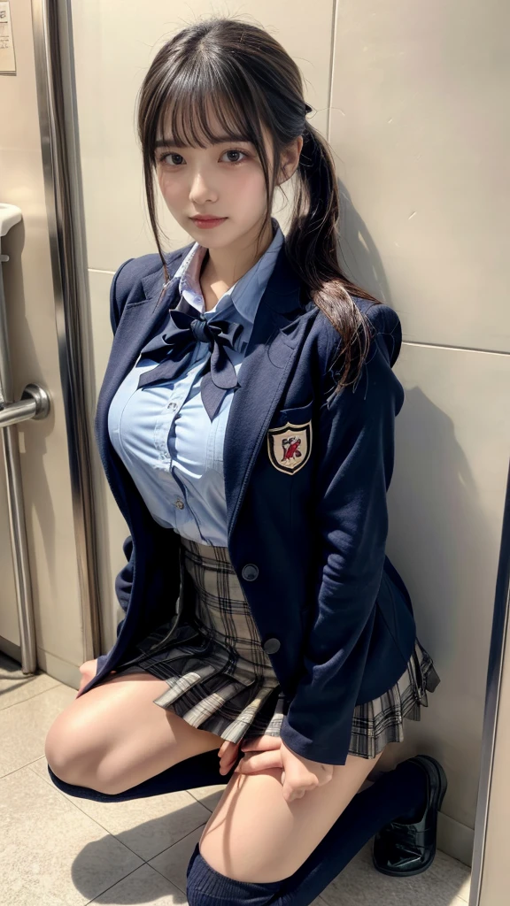 masterpiece, best quality, illustration, Super detailed, fine details, High resolution, 8K,wall paper, perfect dynamic composition,(Details High quality, realistic depiction of eyes:1.3), kneeling, Men's restroom at school, Toilet urinals lined up、High school girl uniform、blazer 、Super Short Check Uniform Skirt、Navy blue high socks、garterbelts、 large breasts, expresses the roundness and softness of your chest, Don't expose it、Disturbed uniform, ponytail, black hair color, Big Natural Color Lip, perfect body shape, crying a little、cold gaze, Harajuku style、20 year old girl、cute type, beautiful legs, Gravure Idol