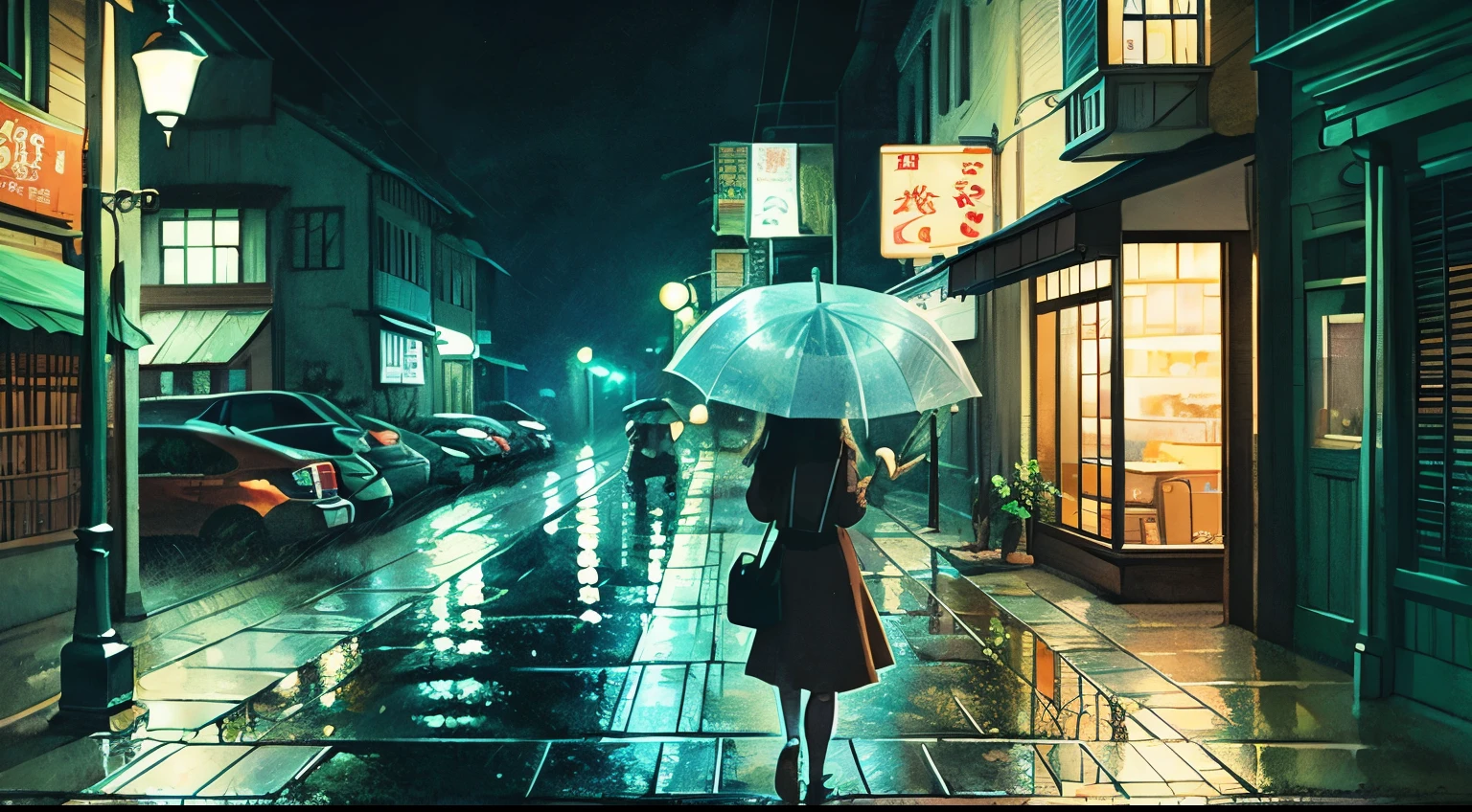 rain　Cafe　night　Ghibli-style illustrations girl