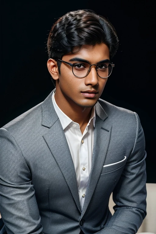 a 21 year old indian boy, fair skin, wearing spectacles, narrow body, posing for a linkedin profile picture, formal outfit, highly detailed face, intricate facial features, sharp focus, high resolution, 4k, photorealistic, glossy skin, warm lighting, studio lighting, professional portrait, minimalist background, clean composition