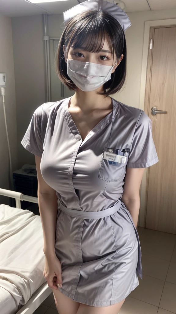 1 girl,(Wearing white nurse clothes:1.2),(RAW photo, highest quality), (realistic, photo-realistic:1.4), masterpiece, very delicate and beautiful, very detailed, 2k wallpaper, wonderful, finely, very detailed CG unity 8k wallpaper, Super detailed, High resolution, soft light, beautiful detailed girl, very detailed eyes and face, beautifully detailed nose, finely beautiful eyes, nurse, perfect anatomy, black hair, up style, nurse uniform, ((mask)), long skirt, nurse, white costume, perfect body shape, hospital, clear, white uniform, expresses the roundness and softness of your chest,hospital room, auscultation of the neck,bob cut