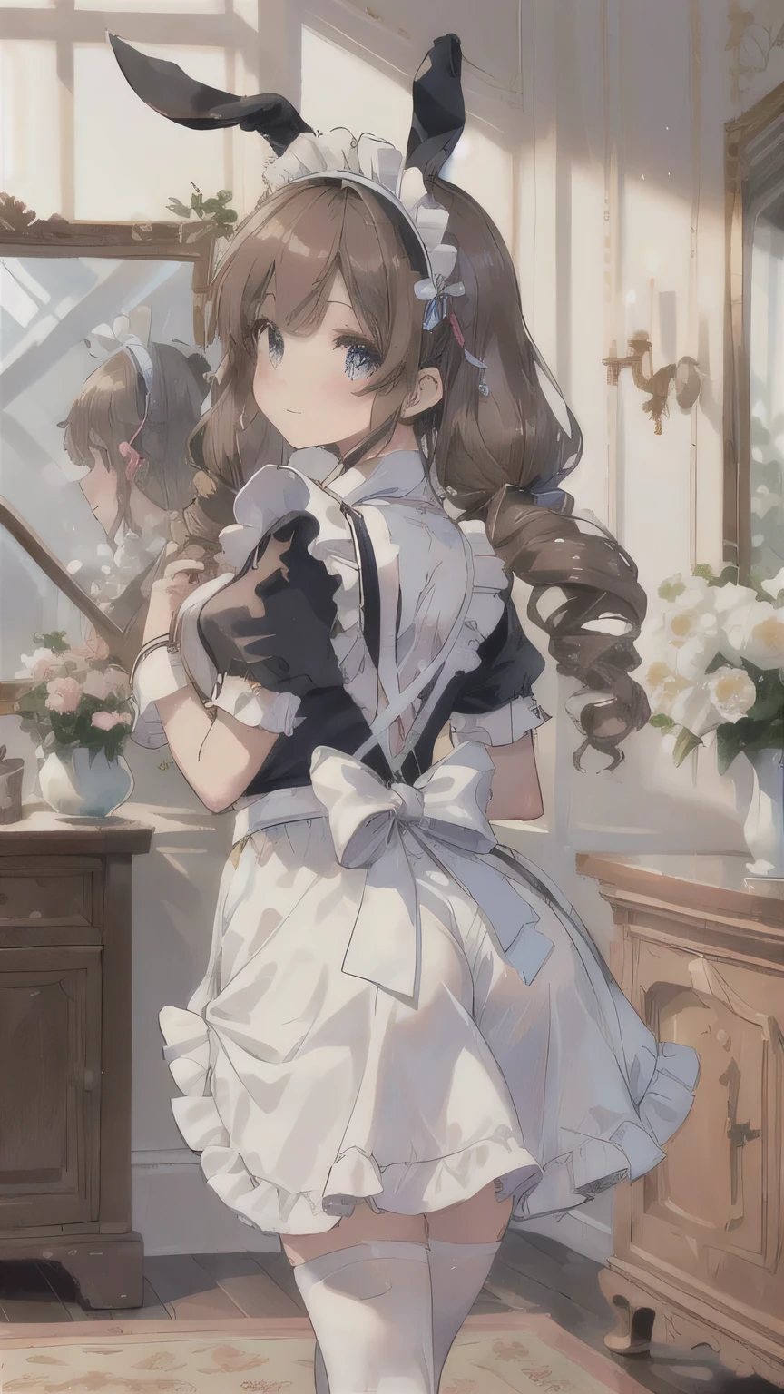 ((best quality)), ((masterpiece)), (detailed), perfect detailed eyes, perfect detailed face, ultra-detailed nose, brown hair, twin drills, hairband, rabbit ears, rabbit tail, blurry, reflection light, three sided view, maid outfit, maid girl, frilly apron, Palace, mansion