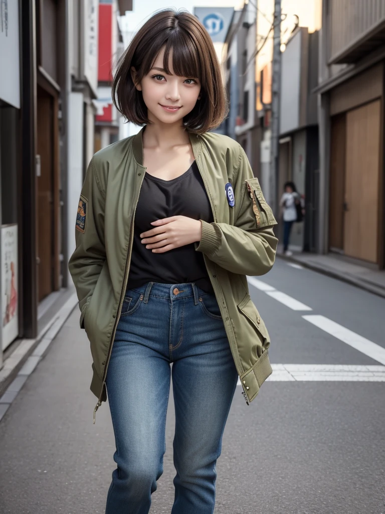 (8k, RAW Photos, highest quality, masterpiece:1.2), (Realistic, photo-Realistic:1.4), (Highly detailed 8k wallpaper), ((Full Body Shot)), (1 girl), Sharp focus, Depth of written boundary, Cinematic lighting, Soft Light, 緻密な美しさのeye, eye_Chan, Very beautiful girl, innocent big eyes, Realistic, photo Realistic, Highly detailed cute girl, (Thin thighs), (Model Body Type), 18-year-old, ((Khaki flight jacket)), (Black T-shirt), (Vintage long denim pants), (((Fold your arms in front of your chest and act arrogantly))), ((A happy smile)), Parted lips, Watching the audience, (On the streets of Tokyo) , (Brown Hair),(Short Bob Hair), (Asymmetrical bangs)