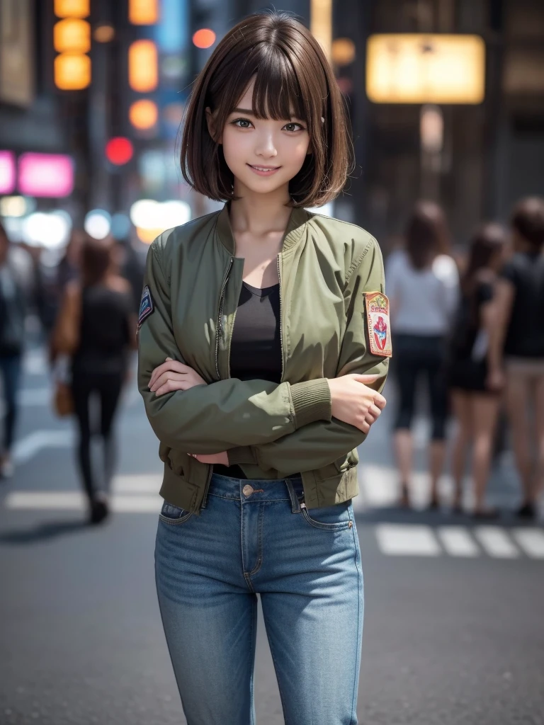 (8k, RAW Photos, highest quality, masterpiece:1.2), (Realistic, photo-Realistic:1.4), (Highly detailed 8k wallpaper), ((Full Body Shot)), (1 girl), Sharp focus, Depth of written boundary, Cinematic lighting, Soft Light, 緻密な美しさのeye, eye_Chan, Very beautiful 17 year old girl, innocent big eyes, Realistic, photo Realistic, Highly detailed cute girl, (Thin thighs), (Model Body Type), 18-year-old, ((Khaki flight jacket)), (Black T-shirt), (Vintage long denim pants), (((Fold your arms in front of your chest and act arrogantly))), ((A happy smile)), Parted lips, Watching the audience, (On the streets of Tokyo) , (Brown Hair),(Short Bob Hair), (Asymmetrical bangs)