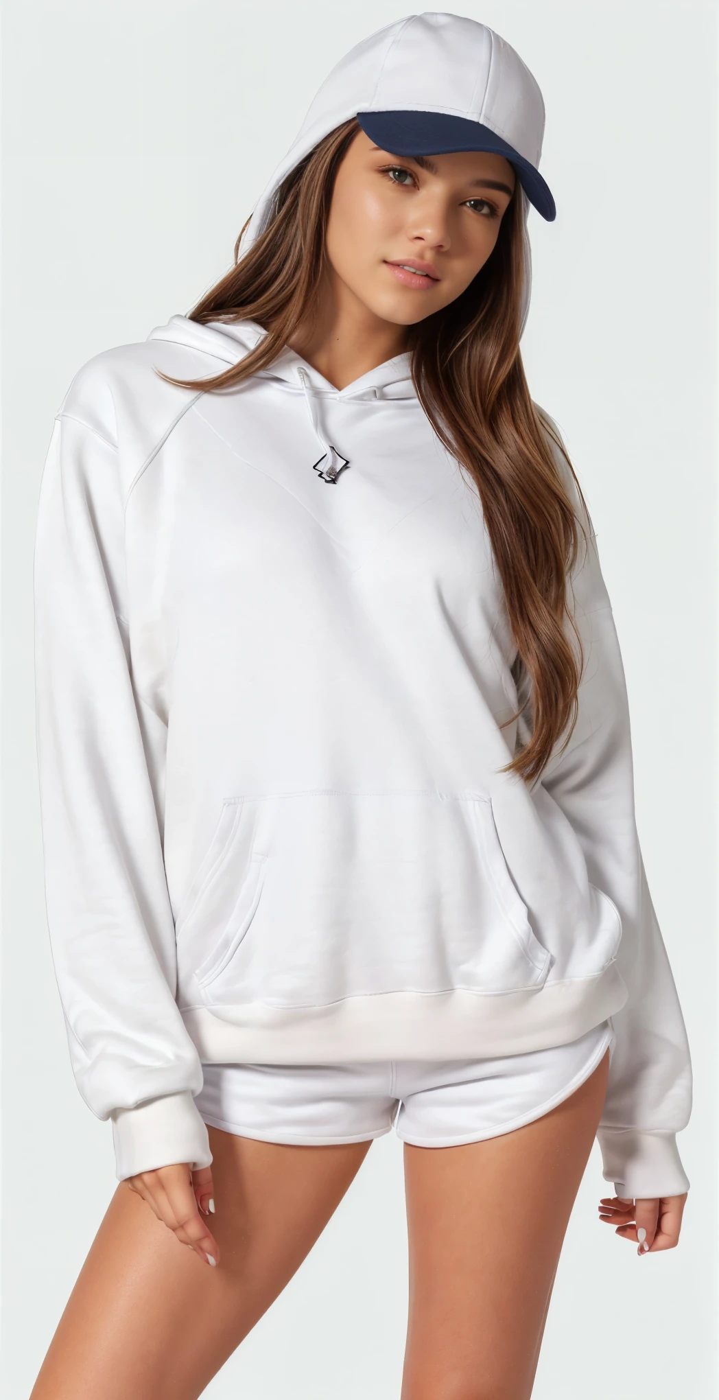 a woman wearing a white sweatshirt and shorts with a baseball cap, light cinza, vestindo moletom, cinza, cinza sweater, roupa branca casual, designed for a cozy aesthetic!, Roupa casual, White Sweater, white and cinza, terno branco liso e justo, fechar detalhes, wearing a cinza hooded sweatshirt, mangas compridas, Moletom cinza, cinza clothes, cheio de detalhes