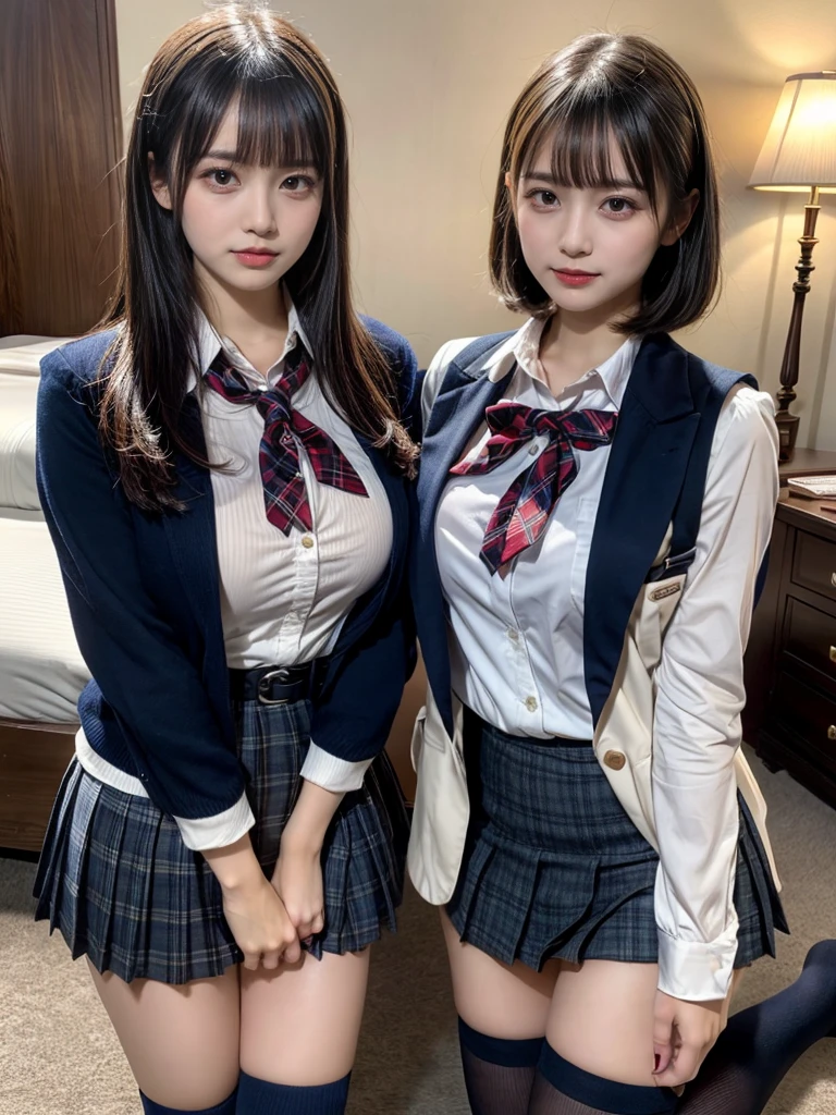 (8K, Raw photography, top-quality, masterpiece:1.2), master piece, best quality, illustration, Super detailed, fine details, High resolution, 8K,wall paper, perfect dynamic composition,(Details High quality, realistic depiction of eyes:1.3), ((2 girls, 2 schoolgirls)), The background is a luxury hotel room、High school girl uniform、blazer 、Super Short Check Uniform Skirt、Navy blue high socks、garterbelts、Colossal tits、Disturbed uniform, Play with each other,Touching each other's bodies,Touching the body of the girl next door, short bob hair, black hair color, huge breasts, Big Natural Color Lip, bold sexy pose, (perfect body shape), crying a little、Beautiful makeup,glitter makeup,Cutest 18 years old, beautiful legs, hposing Gravure Idol, Voluptuous thighs