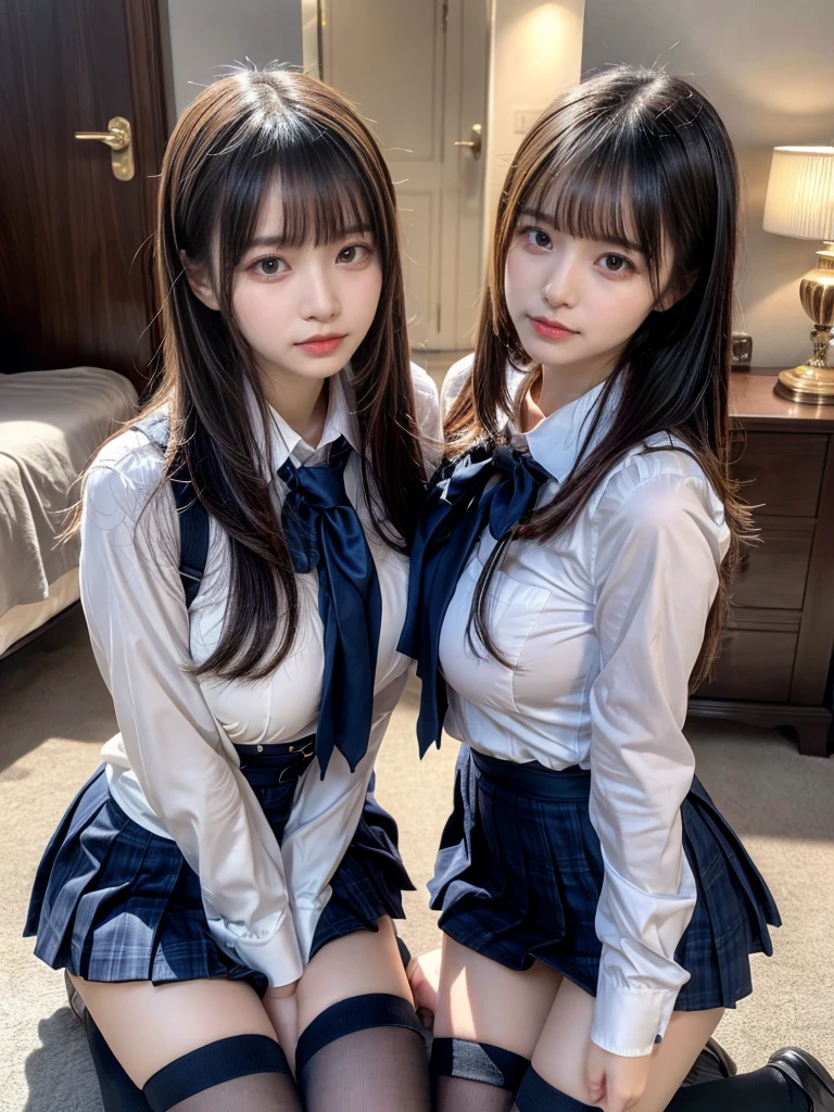 (8K, Raw photography, top-quality, masterpiece:1.2), master piece, best quality, illustration, Super detailed, fine details, High resolution, 8K,wall paper, perfect dynamic composition,(Details High quality, realistic depiction of eyes:1.3), ((2 girls, 2 schoolgirls)), The background is a luxury hotel room、High school girl uniform、blazer 、Super Short Check Uniform Skirt、Navy blue high socks、garterbelts、Colossal tits、Disturbed uniform, Play with each other,Touching each other's bodies,Touching the body of the girl next door, short bob hair, black hair color, huge breasts, Big Natural Color Lip, bold sexy pose, (perfect body shape), crying a little、Beautiful makeup,glitter makeup,Cutest 18 years old, beautiful legs, hposing Gravure Idol, Voluptuous thighs