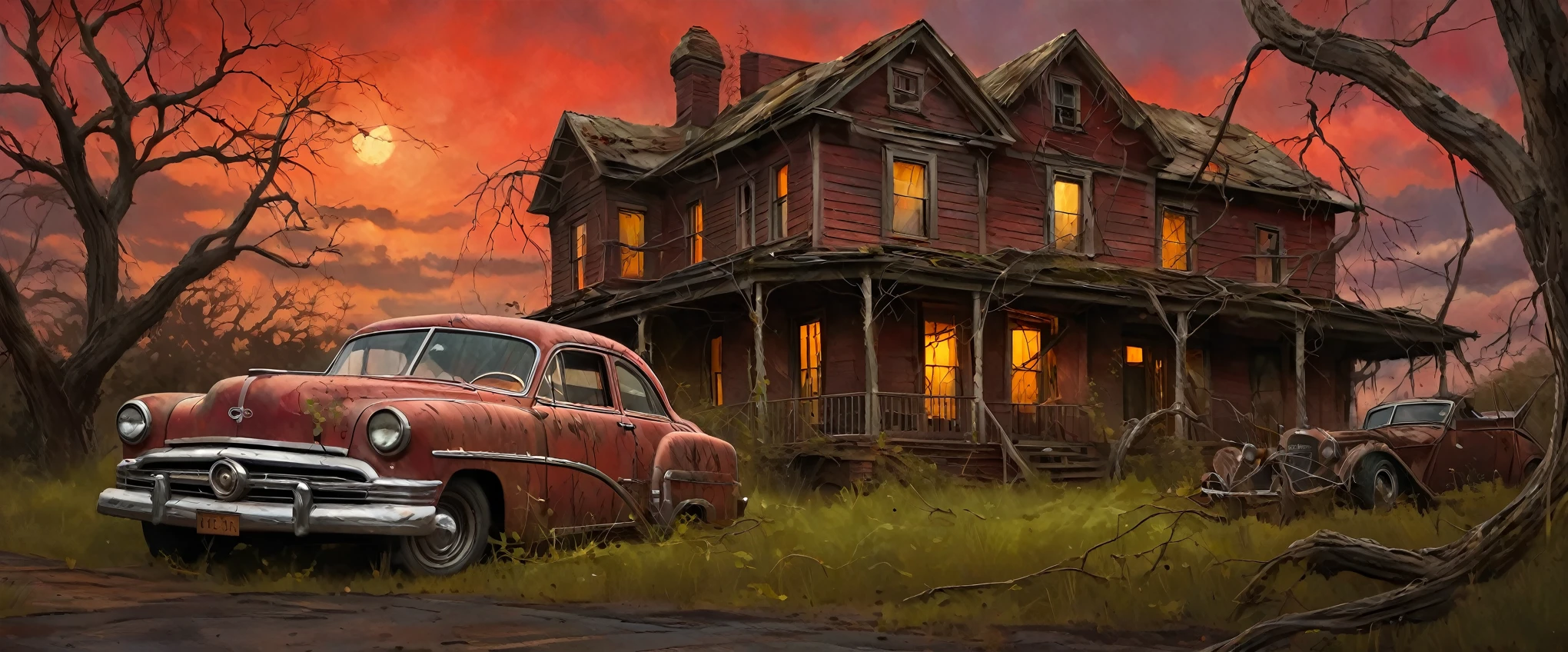 A weathered old house, overgrown with vines, a rusted vintage 34 ford coup parked in the driveway, a gnarled dead tree standing in the foreground, dramatic cloudy red sky, cinematic lighting, muted earthy tones, high detail, photorealistic