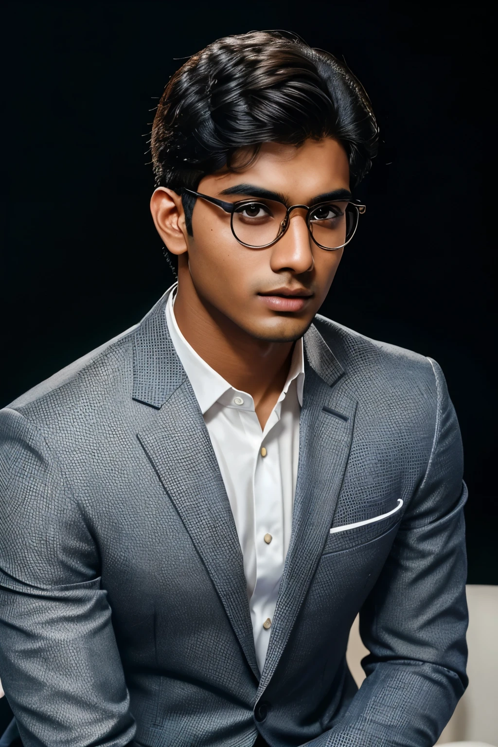 a 21 year old indian boy, fair skin, wearing spectacles, narrow body, posing for a linkedin profile picture, formal outfit, highly detailed face, intricate facial features, sharp focus, high resolution, 4k, photorealistic, glossy skin, warm lighting, studio lighting, professional portrait, minimalist background, clean composition