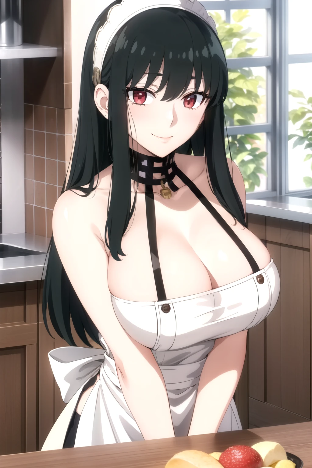 naked apron, Full Hand, Red Eyes, black hair, Silky skin, whole body, whole body pictures,Cleavage,clavicle, whole body pictures, 1 girl, 25 years old,Young women,beautiful Finger,beautiful long legs,beautiful body,beautiful Nose,beautiful character design, perfect Eye, perfect Face,expressive Eye,Perfect balance, looking at the audience,(Focus on her Face),shut up, (Innocent_Big Target_Eye:1.0),Light_Smile, Official Art,Very detailed CG unity 8k wallpaper, Perfect lighting,rich and colorful, bright_front_Face_Lighting,Light skin, (masterpiece:1.0),(the best_quality:1.0), Ultra-high resolution,4k,Very detailed, photography, 8K, HDR, high resolution, absurd:1.2, Kodak Portrait 400, Film Grain, Blurred background, Bokeh:1.2, Lens Light Halo, (Full of energy_color:1.2),Professional photographer, (beautiful,Target_Chest:1.3), (beautiful_Face:1.5),(narrow_waist),Smile, Happy