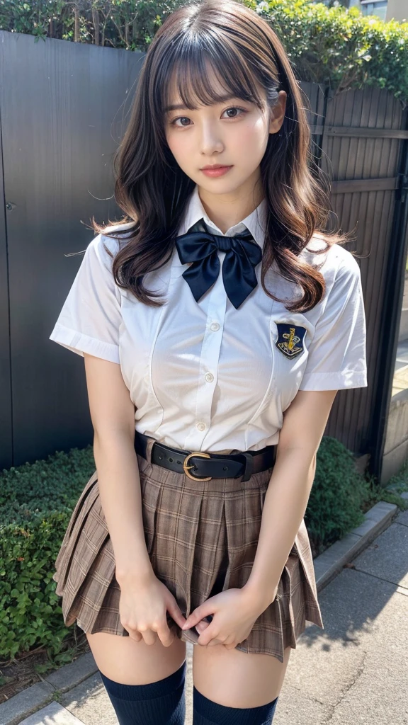 masterpiece, best quality, illustration, Super detailed, fine details, High resolution, 8K,wall paper, perfect dynamic composition,(Details High quality, realistic depiction of eyes:1.3), short hair, (wavy hair:1.2), Layered Cut, High School Classroom、High school girl uniform、Cardigan、Super Short Check Uniform Skirt、Navy blue high socks、garterbelts、Colossal tits、Disturbed uniform、, black hair color, Big Natural Color Lip, bold sexy pose, (perfect body shape), crying a little、Harajuku style、20 year old girl、cute type, beautiful legs, hposing Gravure Idol, Voluptuous thighs