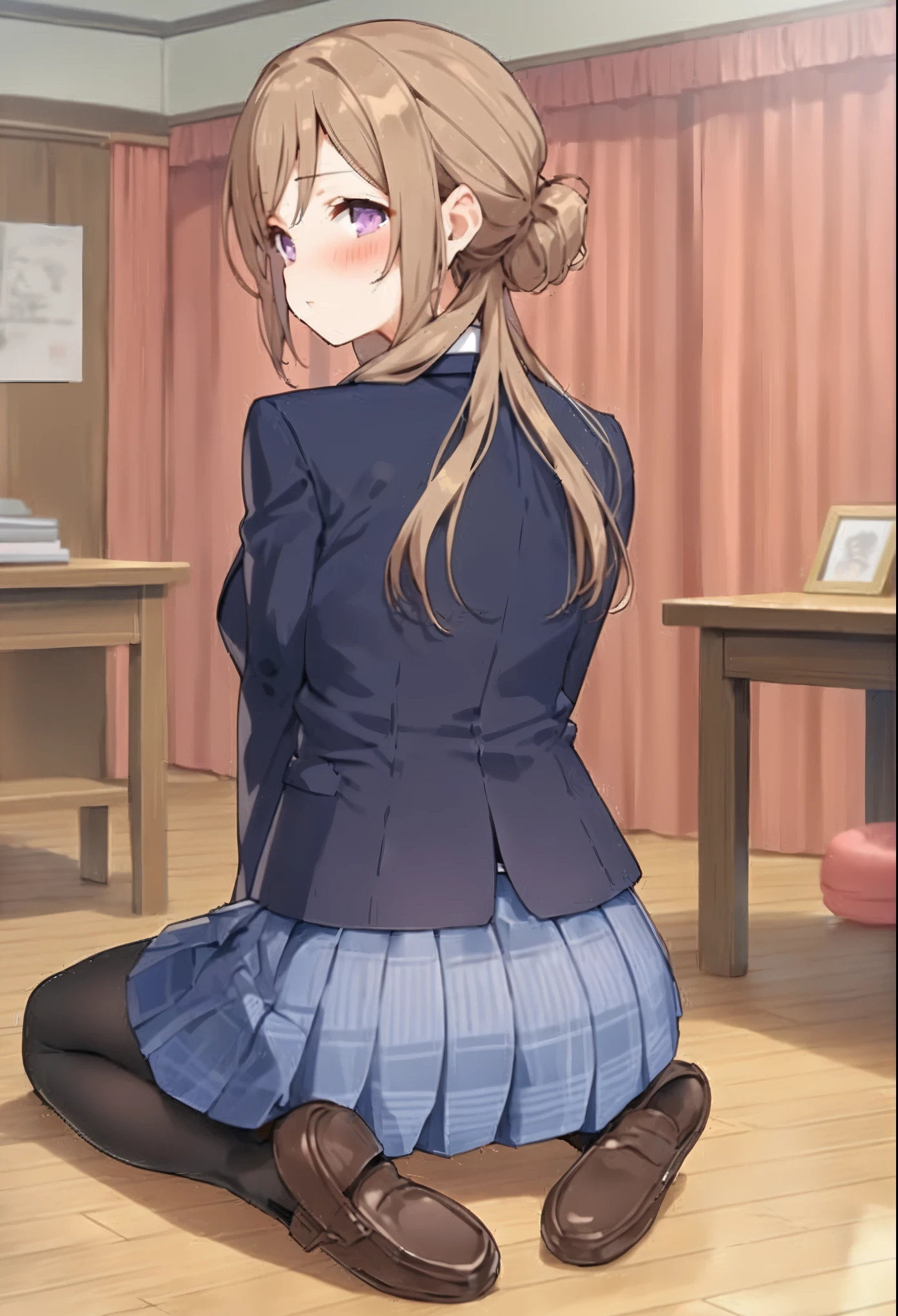 rinami-default,himesaki rinami,purple eyes,brown hair,hair bun,long hair, , blazer, blue neck ribbon, pleated skirt, black pantyhose, loafers，blush、,((turn around and look back))，Reflecting the buttocks, masterpiece, best quality