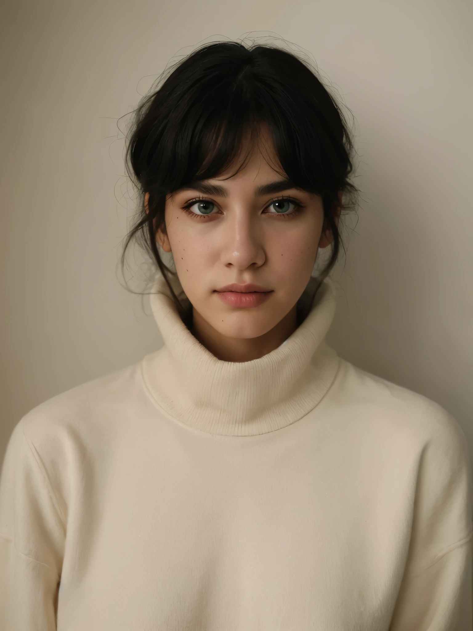 Best quality, masterpiece, ultra high res, (photorealistic:1.5), raw photo, 1 mature girl, maroon turtleneck, in the dark, deep shadow, low key, cold light, sexy look, black medium hair with bangs (((black hair))), green eyes, sharp eyes, eyeshadow, medium breast size, plain white background