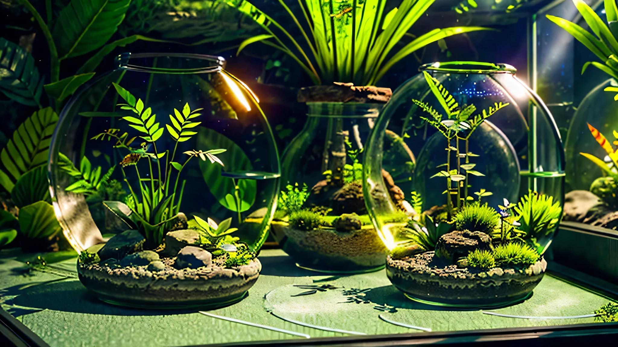 「1Encased in two glass domes、A beautiful and delicate terrarium。Mr.々Various kinds of green plants are harmoniously arranged、Small stones and tree branches are scattered around。Warm natural light pours in、It creates a fantastic atmosphere, as if a small world is spreading inside the terrarium.。Realistic and detailed texture and color、Generate a CG rendered terrarium wallpaper。」