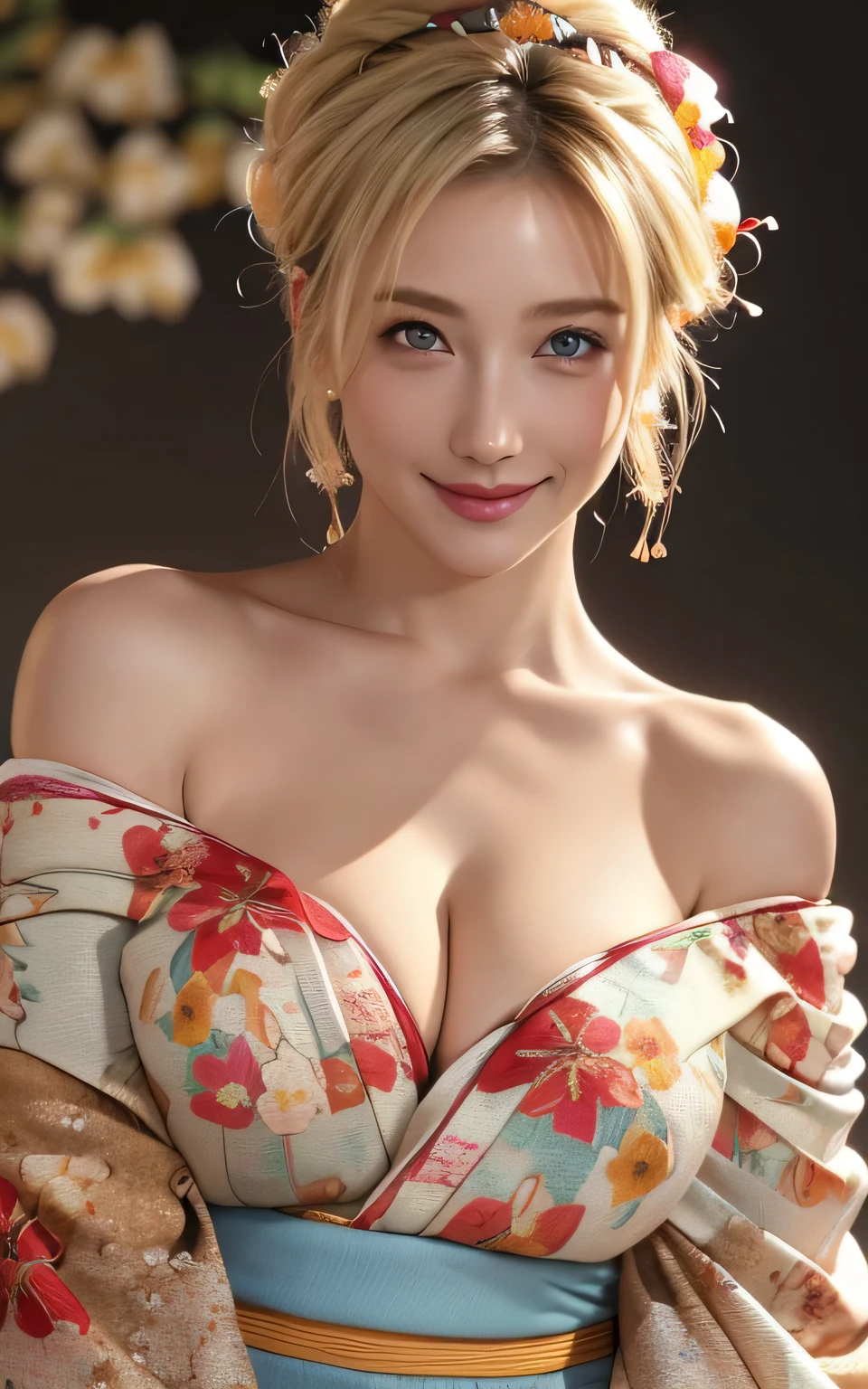 Realistic:1.8、sweating、Soaked in sweat、Blonde、Italian、highest quality、1 girl、,Glowing Skin、Professional Lighting,Photorealistic、Perfect body、super high quality、Ultra-high Realistic image quality、Japanese、(Off-the-shoulder short length floral print kimono:1.6)、(Cleavage:1.5)、Tight waist、(blonde:1.3)、(Blurred Background)、(Grin)、、blue eyes、blonde、Tattoos all over the body、short hair、Hair tied up、Full body photo、Sexy Face、short hair、 A look of complete lust、(((masterpiece)))、((highest quality))、((Ultra-realistic))、Mature woman、Mature woman、perspective、Very detailed、The perfect temptation、Best image quality、Fine-grained image quality、beautiful、European, woman, French, woman Italian, Italian, smile、blue eyes、jewelry, blue eyes, Realistic, High resolution, Soft Light,Hip Up, Glowing Skin, (Detailed face),tattoo, jewelry, , night, blonde, Wavy Hair,attractive appearance, smile, Perfect Style, Perfect balance,