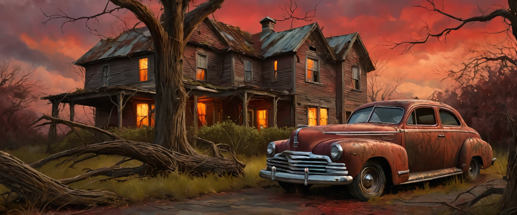 A weathered old house, overgrown with vines, a rusted vintage 34 ford coup parked in the driveway, a gnarled dead tree standing in the foreground, dramatic cloudy red sky, cinematic lighting, muted earthy tones, high detail, photorealistic