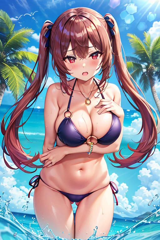 tooth,Best Quality, High resolution, Ultra-detailed,. feel, bikini, Swimwear, old, bikini, Long Hair, only, old medianos, brown hair neckline, バイオレットbikini, belly button, O-ring, Pink Hair, 目のO-ringの背景, Crossed arms, blush, I can see your butt from your thighs, Dutch Angle, Looking at the viewers, Embrace your chest, Twin tails, O-ring top, Tag, , Thigh Gap, O-ring bikini, Outdoor, Blue Eyes Pussy Focus, Wet pussy, Wet Panties, Wet boobs、Red eyes
