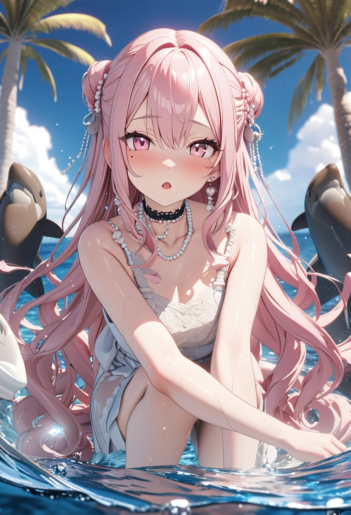 masterpiece, best quality, highly detailed, high resolution, expensive resolution, high resolution, 4k, 8k, Unity 8k wallpaper, highly detailed CG, masterpiece, 2d, 3d, beautiful details, depth, fine texture, best quality: 1.3, perfect focus, crispy skin, him, very cute anime girl, girl with pearl necklace and pearl earrings, idol. Background is ocean with dolphins jumping, scallops dancing, palm trees, expensive, pink medium long hair, mole under eye, looking at the viewer, expensive, blush, mole, open lips, , heart, pink eyes, choker